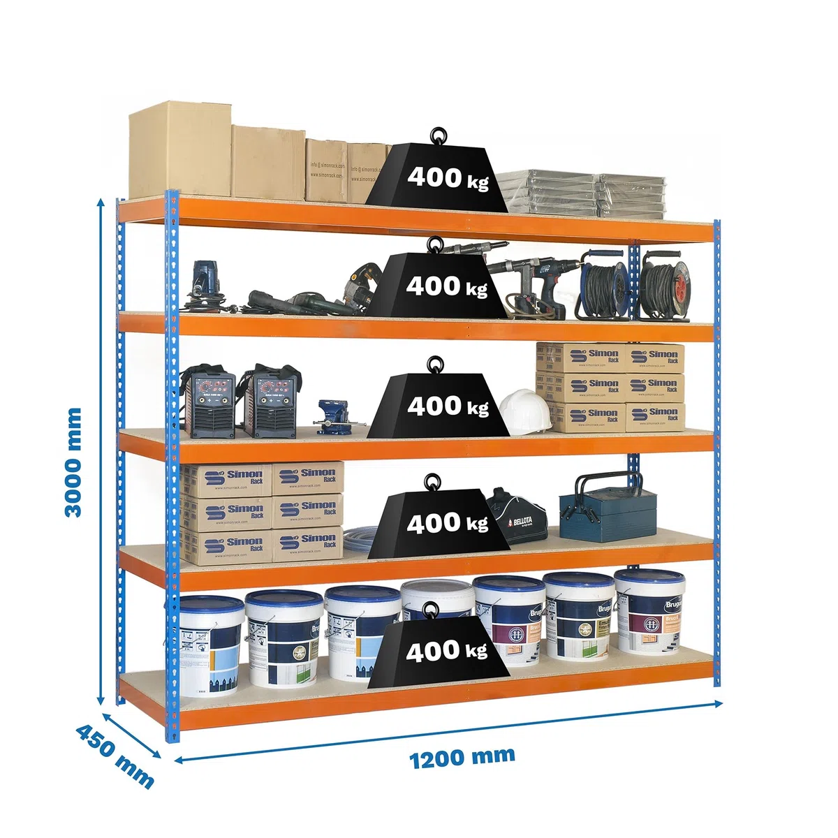 Simon Rack Estanterías Metálicas, 3000x1200x450 mm, 400 kg de Punto Flexión, 5 Estantes Madera, Estantería Almacenaje, Estantería Industrial, Azul/Naranja/Madera - SimonTaller
