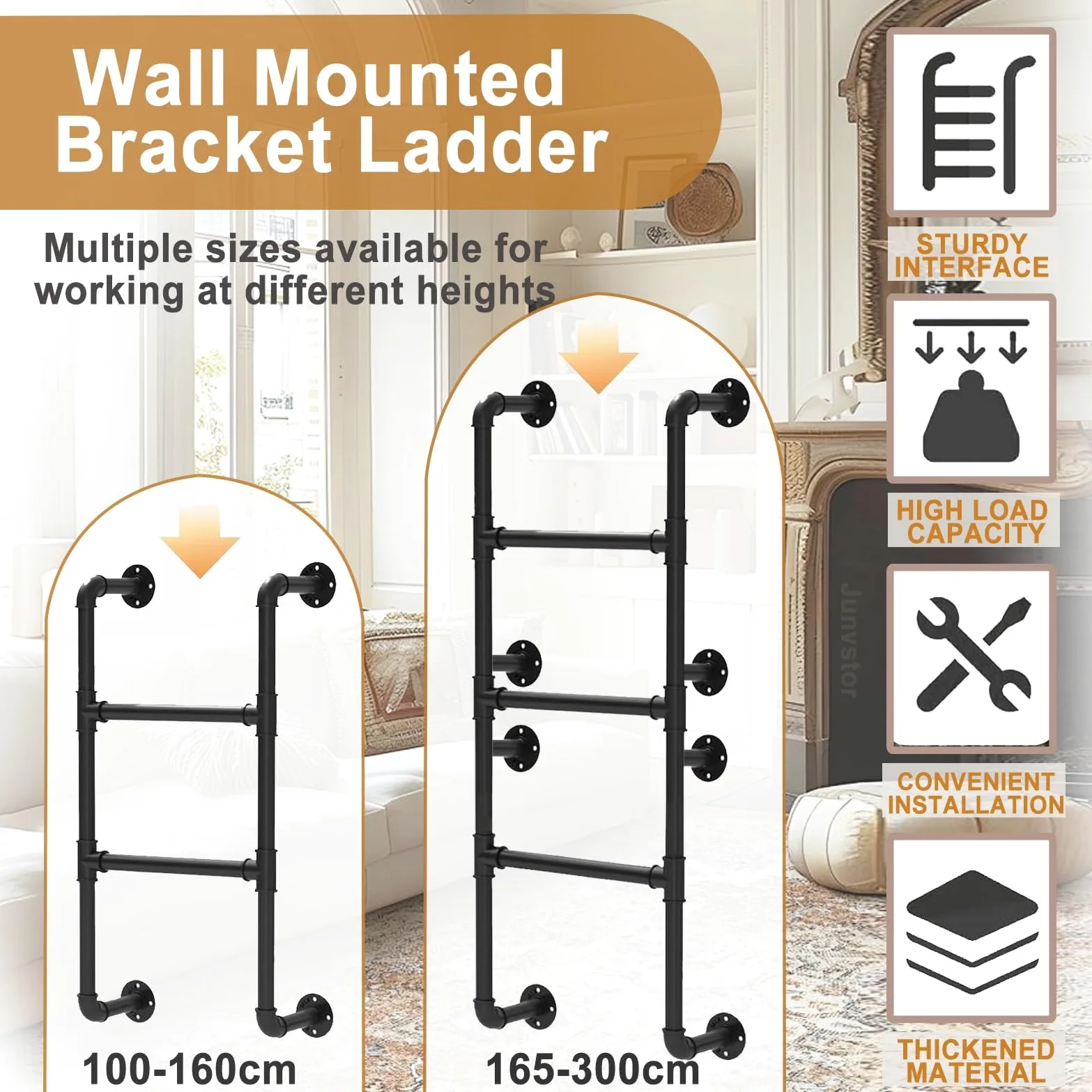 Escalera de hierro forjado de hierro forjado montada en la pared para el ático de la ventana, con diseño antideslizante para el hogar, loft, escalera de escape de incendios, 100 300 cm (175 cm)
