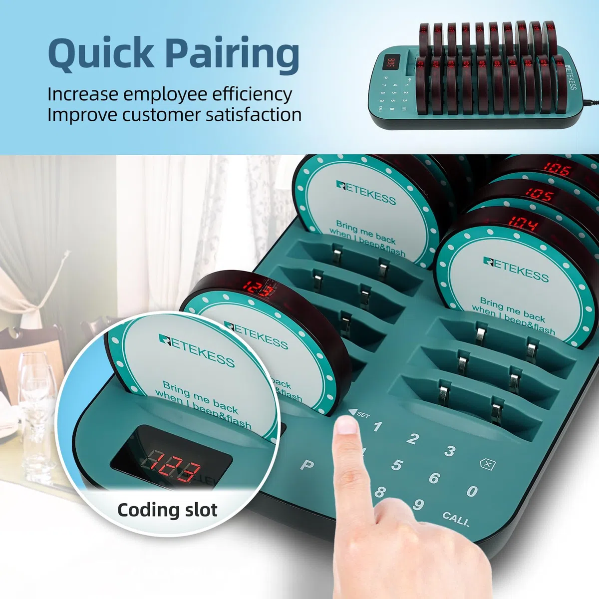 Retekess TD167A Buscapersonas Restaurante, 500M Avisadores Hosteleria, 20 Buscapersonas, Emparejamiento con Una Tecla, 7 Modos de Llamada, 300 mAh 24H, Avisador Clientes para Hotele, Bar, Café