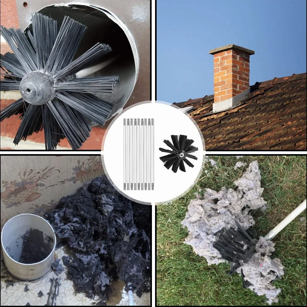 Kit de Cepillo Limpieza Chimenea Cepillo para Chimenea Rotativo de Nylon Juego de Limpieza de Ventilación del Conducto con 18 Varillas Flexibles 2 Cabeza de Cepillo 150mm