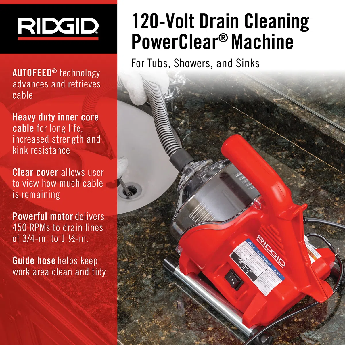 RIDGID PowerClear - Kit de máquina de limpieza de drenaje de 120 voltios para bañeras, duchas y fregaderos