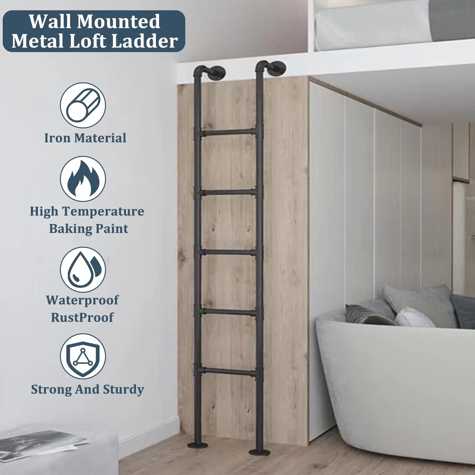 Escalera para litera de pie, 71"/75"/79''/83"/87"/91" Escalera de reemplazo de cama de metal Escalera de escalada universal Escaleras rectas tipo loft multiusos, tamaño personalizable(110cm/43in)