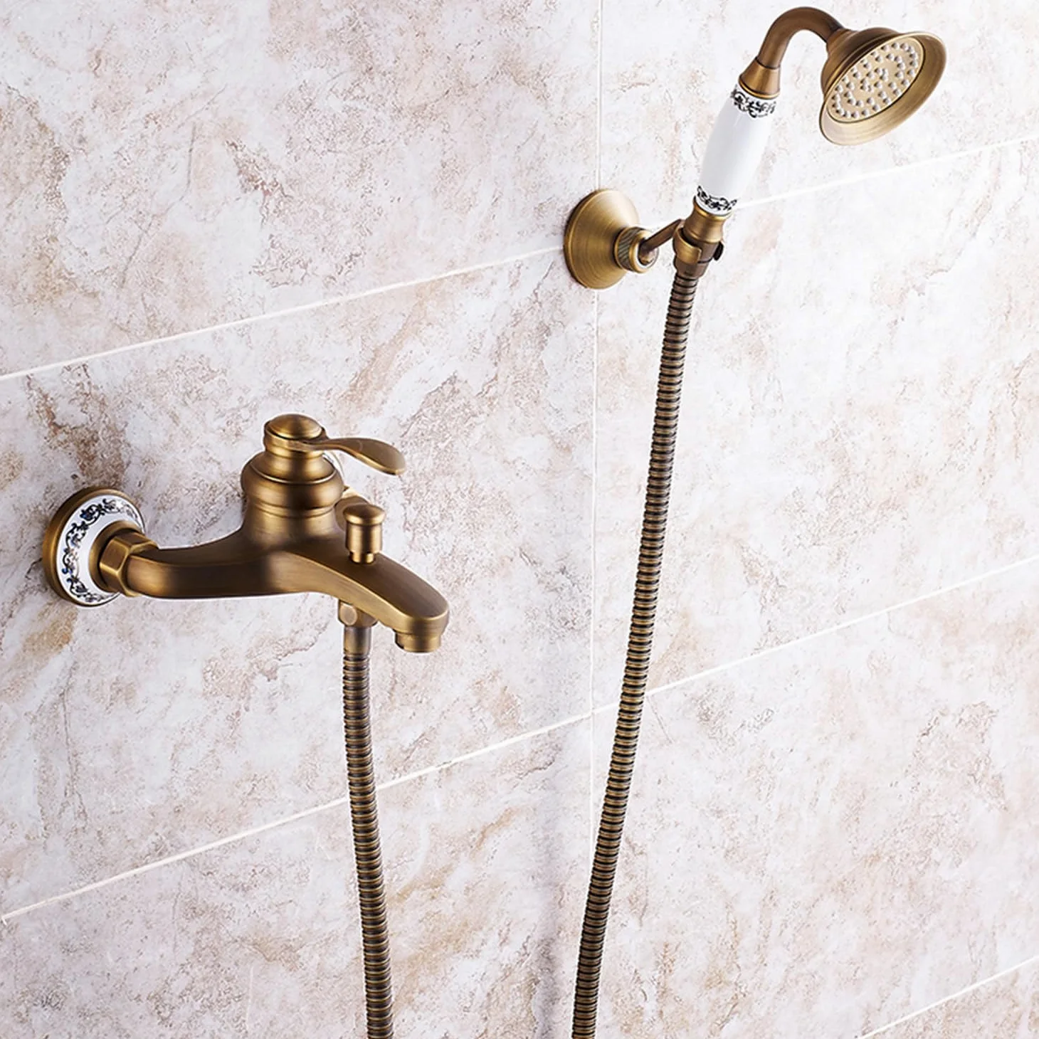 HomeLava Grifo de latón antiguo para bañera con ducha de mano, grifo de pared, diseño nostálgico