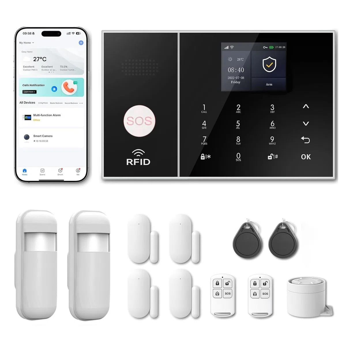 Sistema de Alarma para casa con WiFi + 4G gsm, Kit Alarma casa sin cuotas, notificaciones por App, Llamadas y SMS, Ampliable inalámbrico Compatible con Alexa y Google Assistant (ZZ)