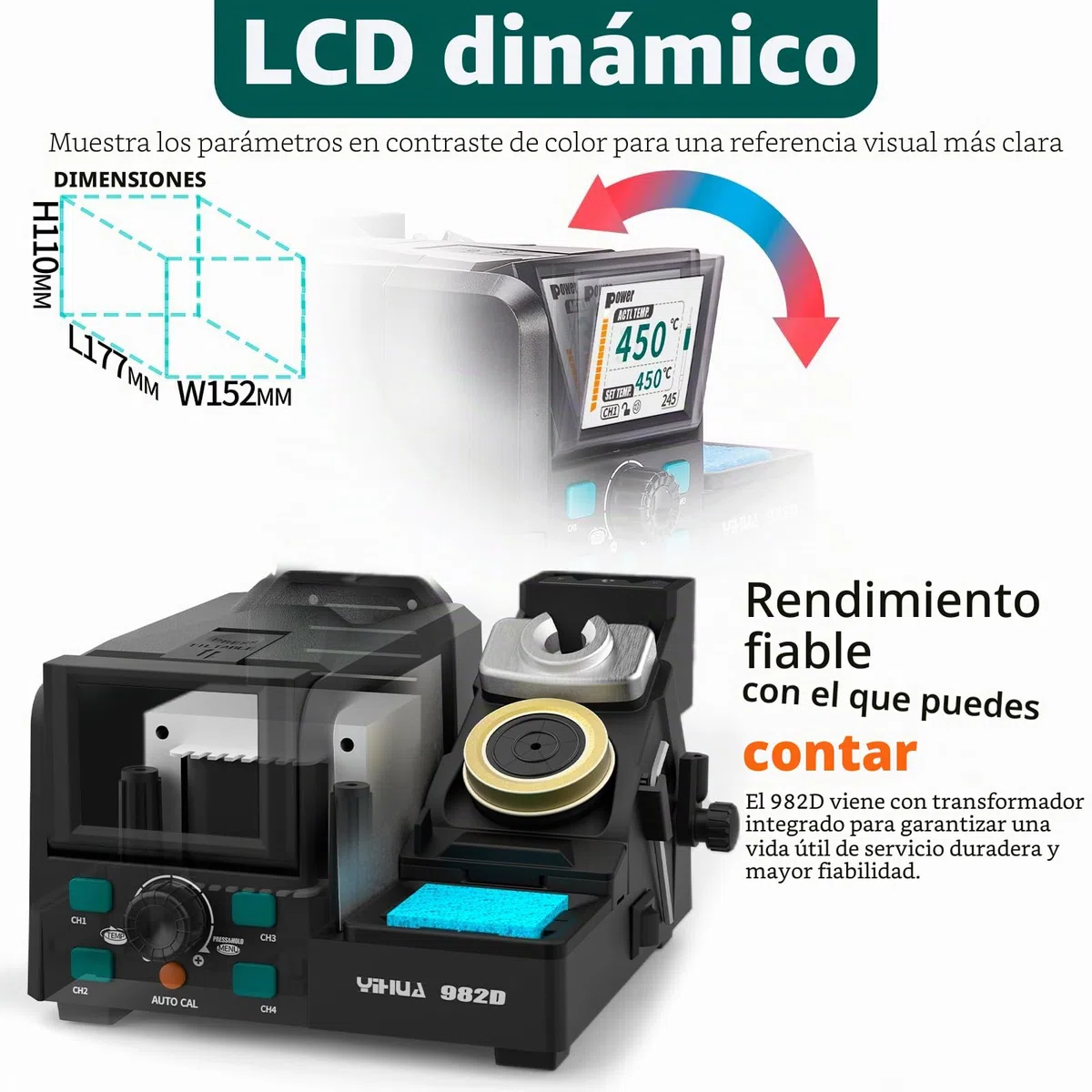 YIHUA 982D Estacion de Soldadura de Precisión con 3 Puntas de Soldador C210 y 3 C245, Alambre de Soldar sin Plomo, Empuñadura Compatible con C210 y C245, Calibración Automática de Temperatura