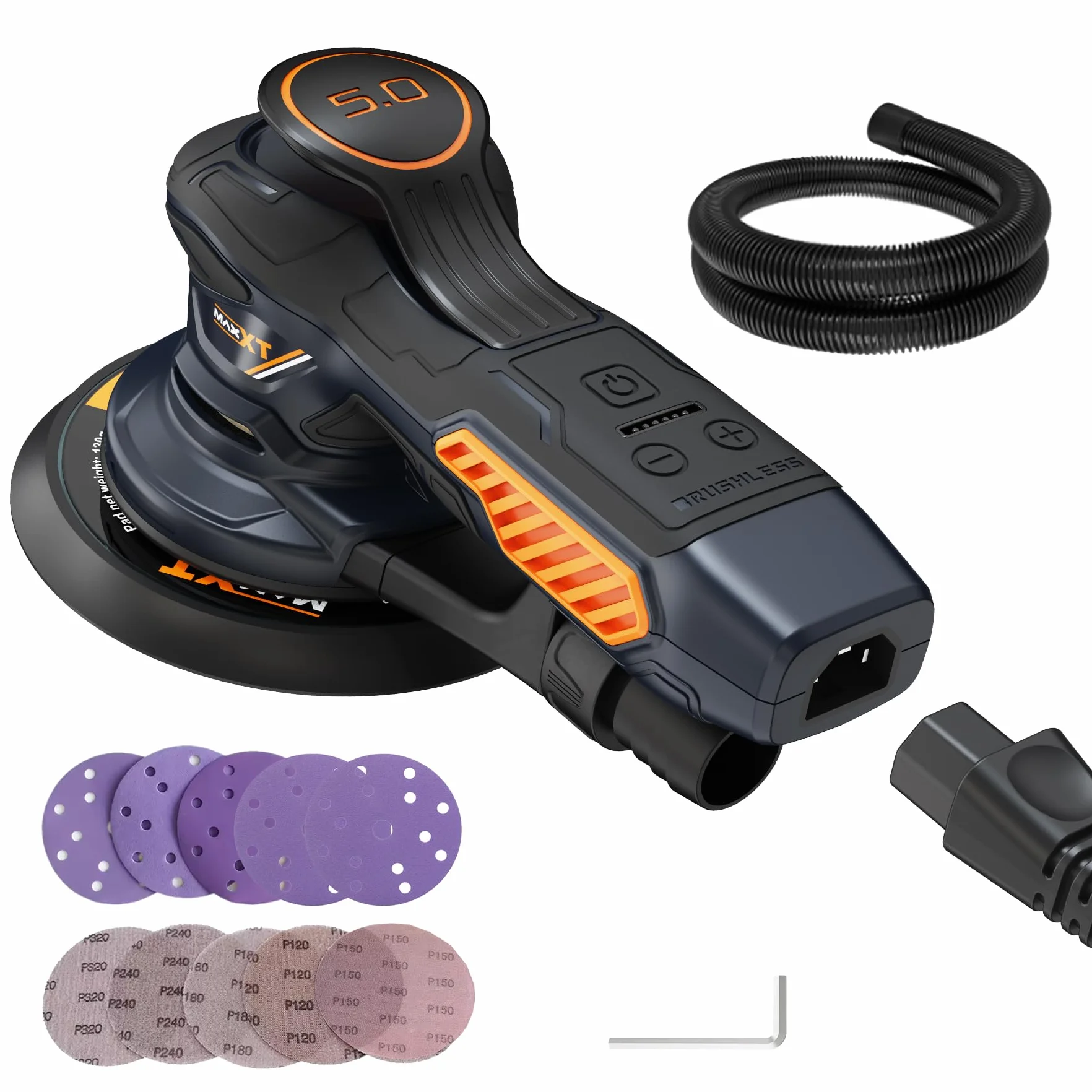 MAXXT Lijadora orbital,350w lijadora orbital aleatoria 10000 OPM con 6 velocidades variables y 10 piezas de 150mm papel,con Bolsillo Lavable de Recogida, para Lijar Madera y Metal