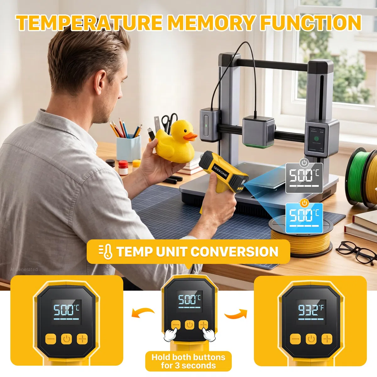 SEEKONE Pistola de Calor Inalambrica 7,2 V, Temperatura Variable 100-500°C con Pantalla LCD