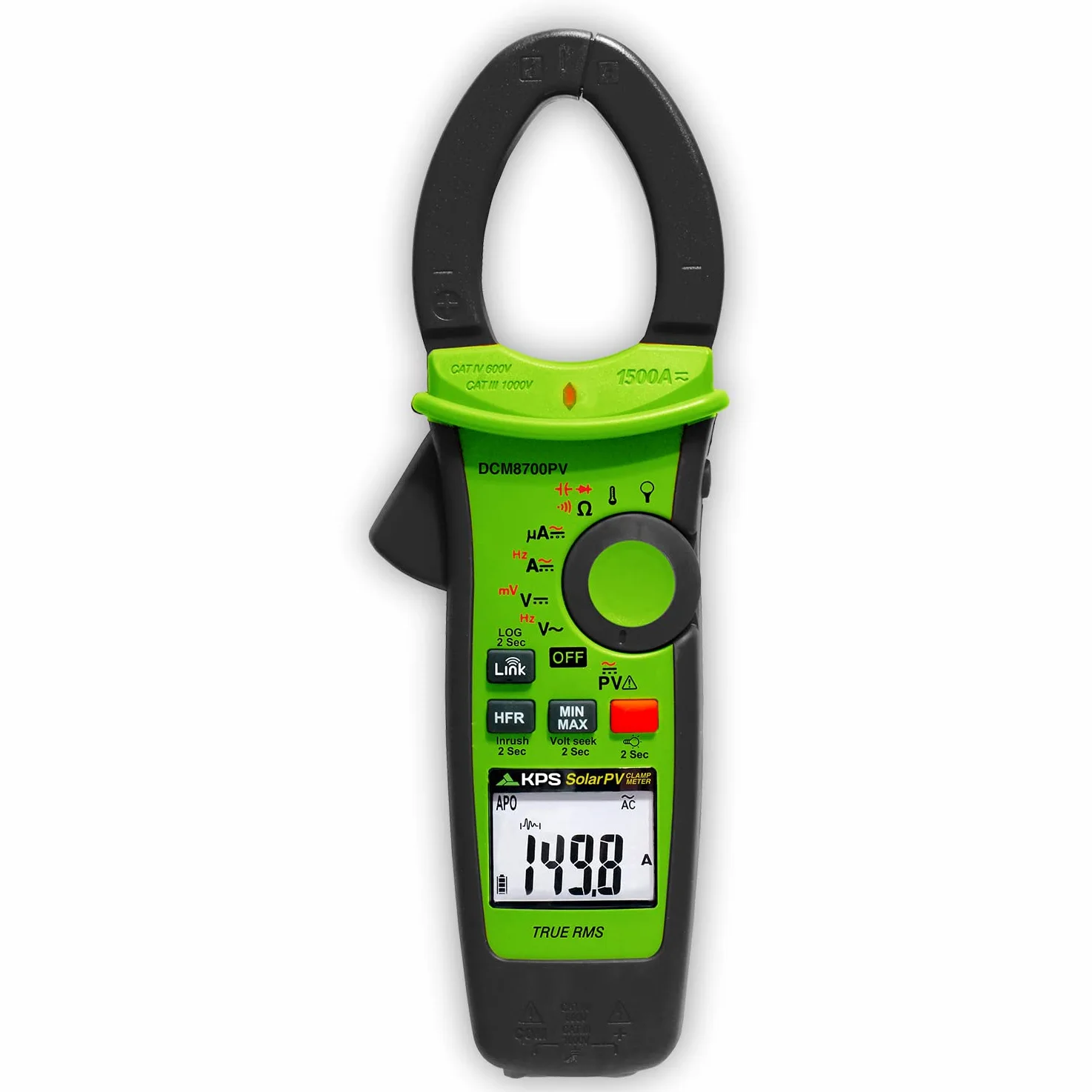 KPS-DCM8700PV Pinza Amperimétrica TRMS para Aplicaciones Solares Tensión hasta 1500VAC/2000VDC Corriente AC/DC 1500A y 4000µA DC con Bluetooth