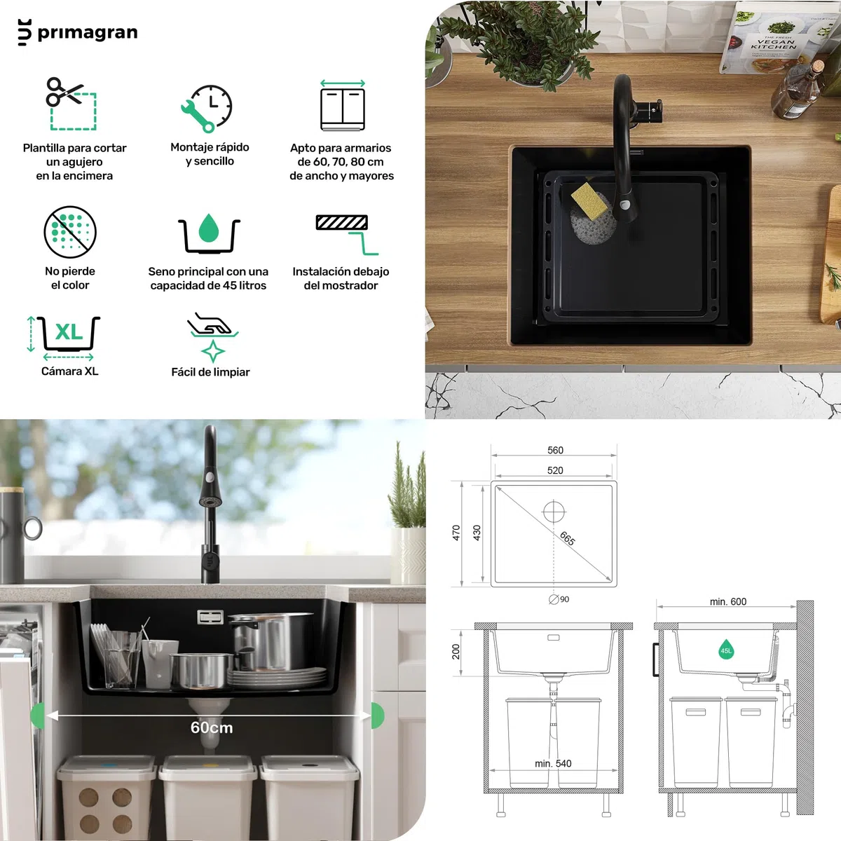 PRIMAGRAN Fregadero bajo Encimera Negro 56x47cm, Cocina 1 Seno + Sifón, Granito al Mueble 60cm - London S297