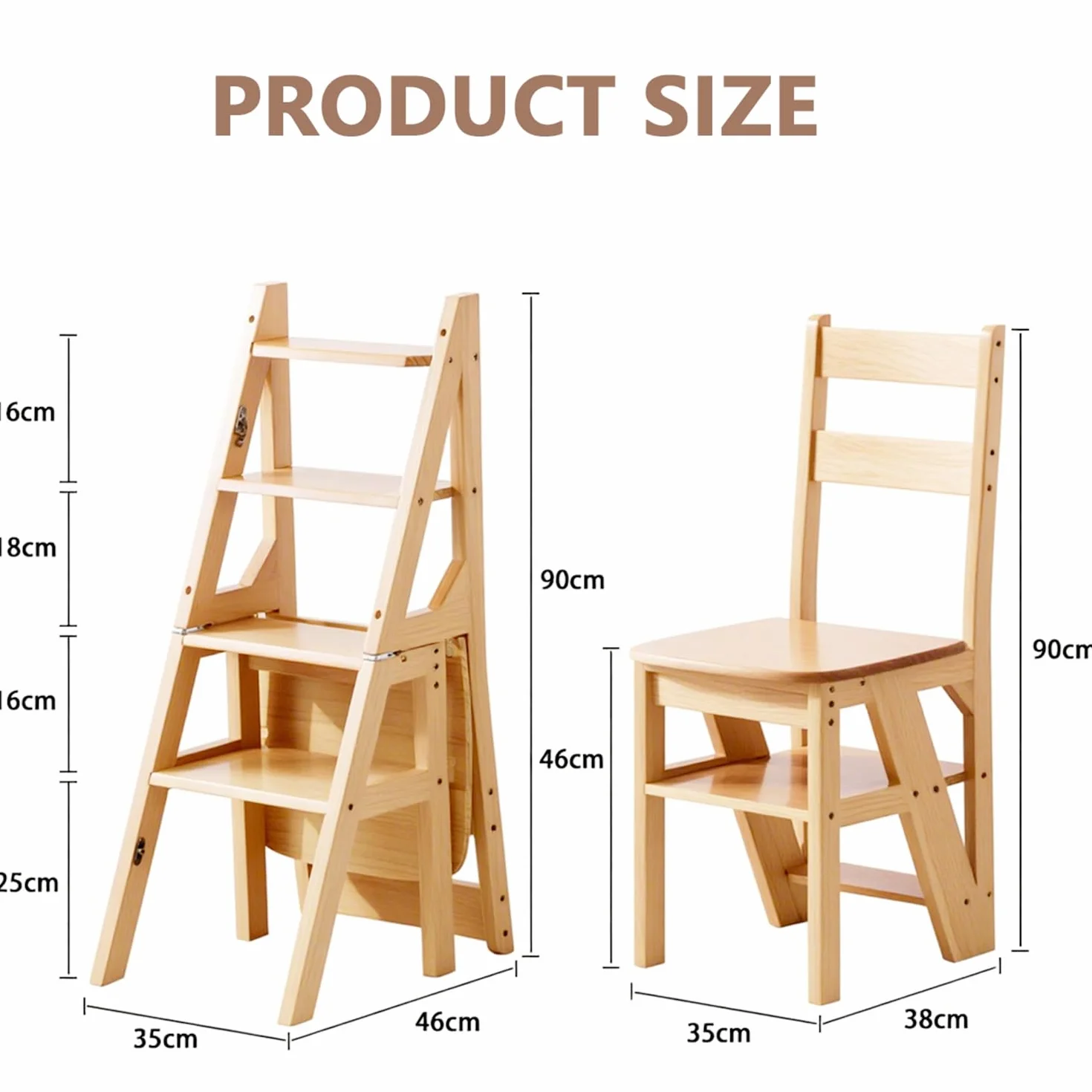 Silla Escalera Plegable 3 en 1 de Madera Sólida, Taburete Escalonado Convertible y Estante de Exhibición, Escalera Multifuncional de 4 Niveles, para el Hogar, Cocina, Biblioteca (Madera)