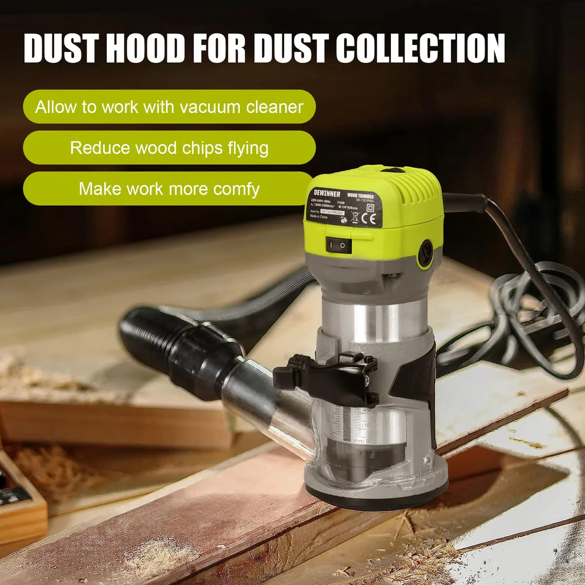 DEWINNER Fresadora De Madera Rebajadora Eléctrica 710W 13000-33000 RPM, 6 Velocidades Variables, Pinza De Base Fija De 1/4''/6/8MM,Con Bolsa de lona, con 15PCS 1/4"Juego de Brocas para Madera