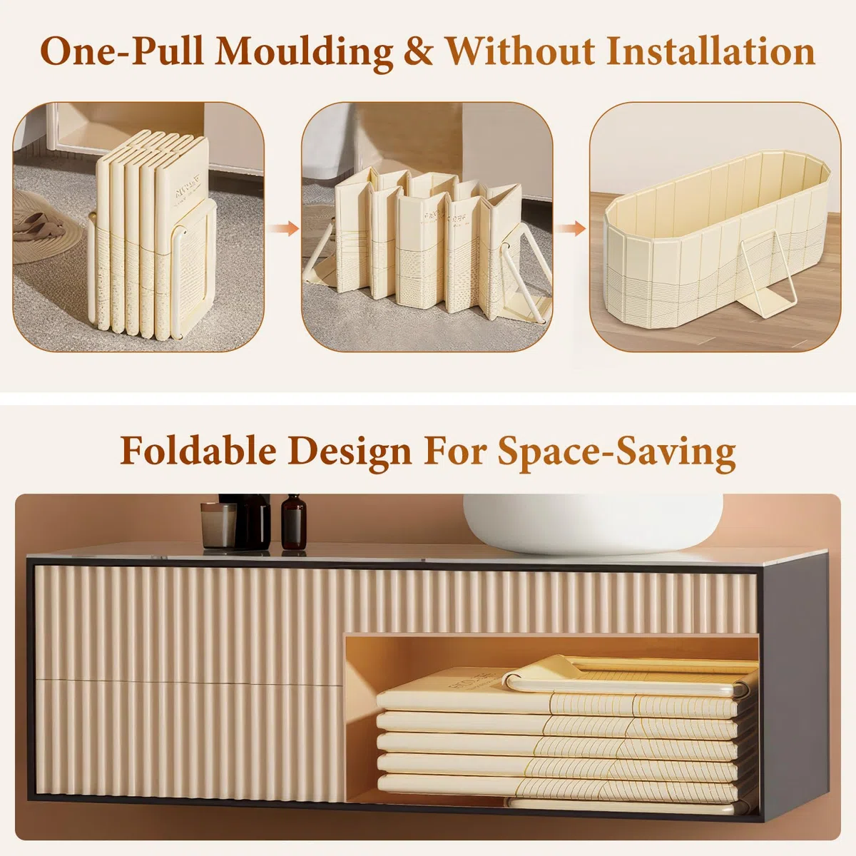 Bañera portátil para adultos 150 x 55 x 50 cm, bañera plegable para adultos con 2 agujeros de drenaje, bañera familiar para baño de hielo Equipada con 2 placas de soporte laterales con cubierta (Beige