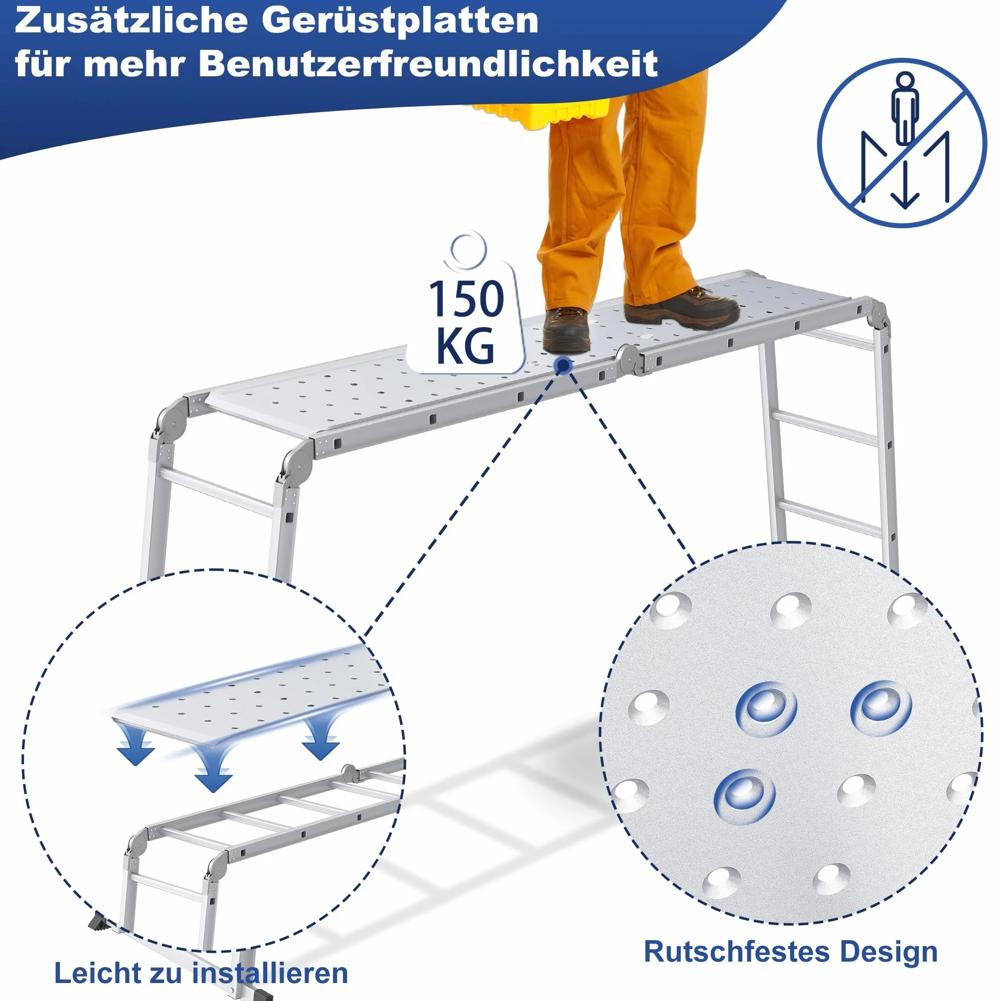 Froadp Escalera multiusos 6 en 1, 4,7 m, plegable, de aluminio, con 2 ruedas y plataforma, multifunción, soporta hasta 150 kg