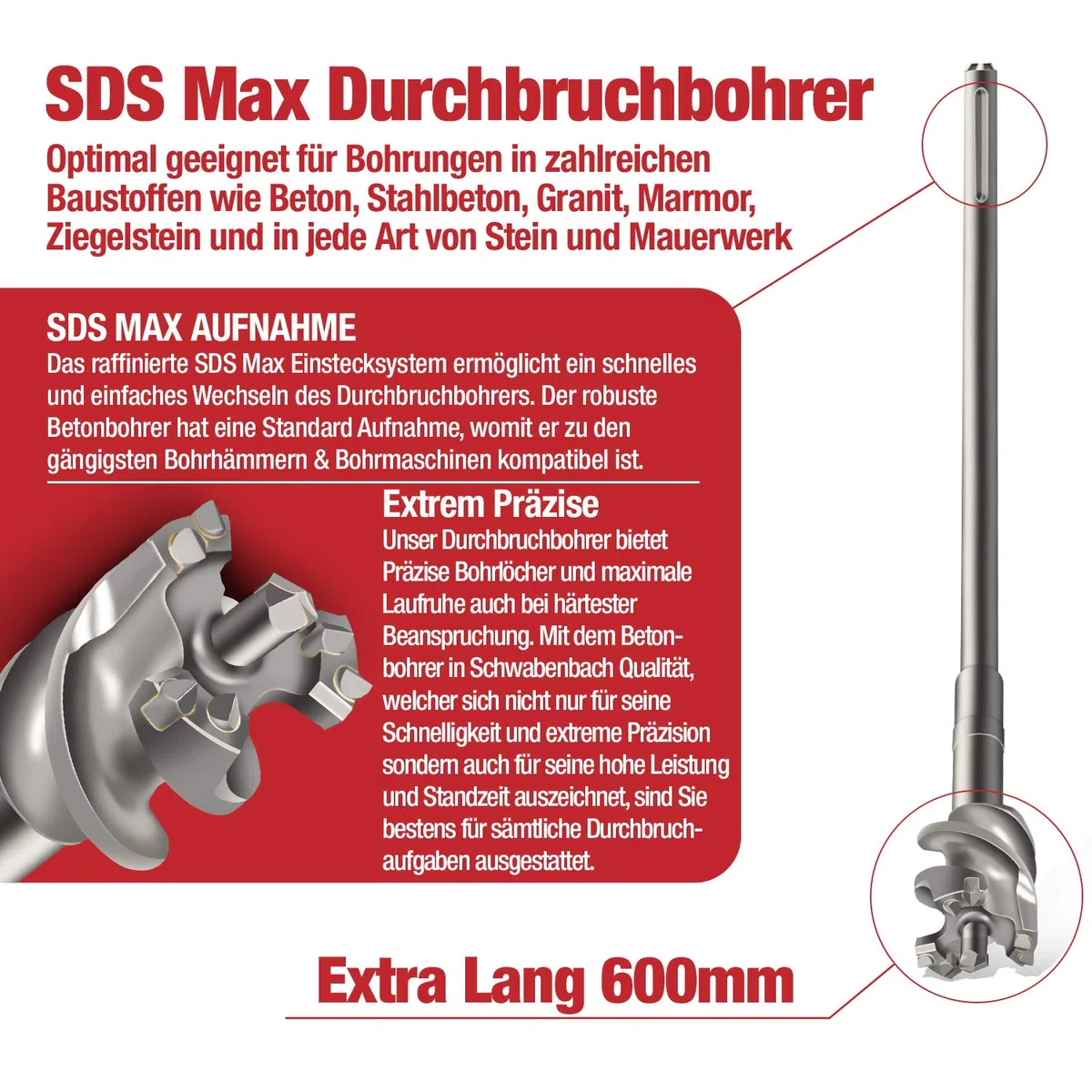 SCHWABENBACH® Broca Perforadora para Hormigón 65 mm x 600 mm - Perforación precisa y rápida en Hormigón, con punta de metal duro