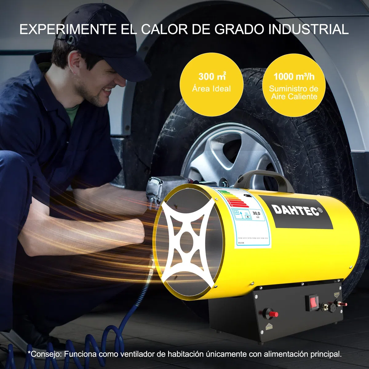 Calefactor de Gas Auxiliar 18-30 kW Potencia Regulable Cañón de Calor Soplador de Aire Caliente para Obras, Amarillo