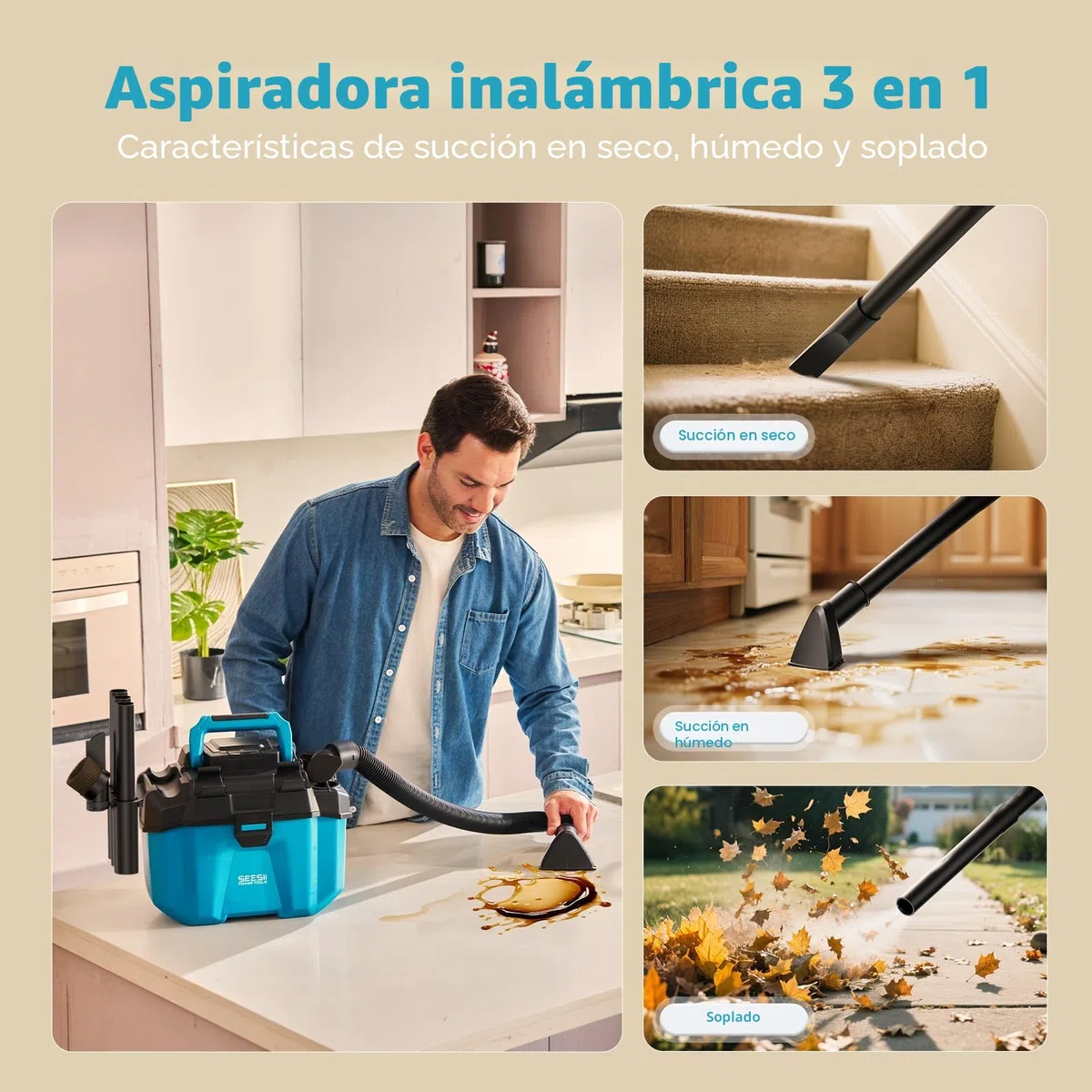 Seesii Aspiradora seco y Humedo sin Cable, 10L, 2 baterías de 4 Ah, Filtro HEPA, Correa, 4 Ruedas y Accesorios. Ideal para Garaje, Coche, Taller y casa (Azul)
