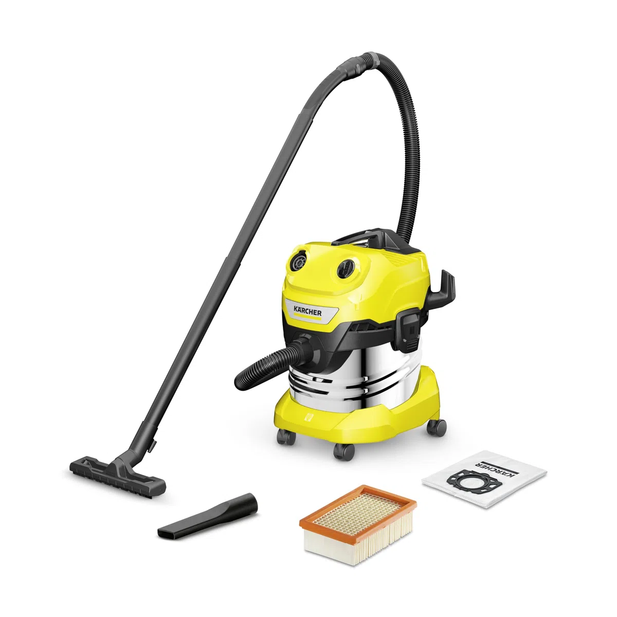 Kärcher Aspiradora en seco/húmedo WD 4 S V-20/5/22, potencia 1000 W, depósito de acero inoxidable 20 l, manguera aspiración 2,2 m, función soplado, boquilla para suelos y ranuras, bolsa filtro fieltro