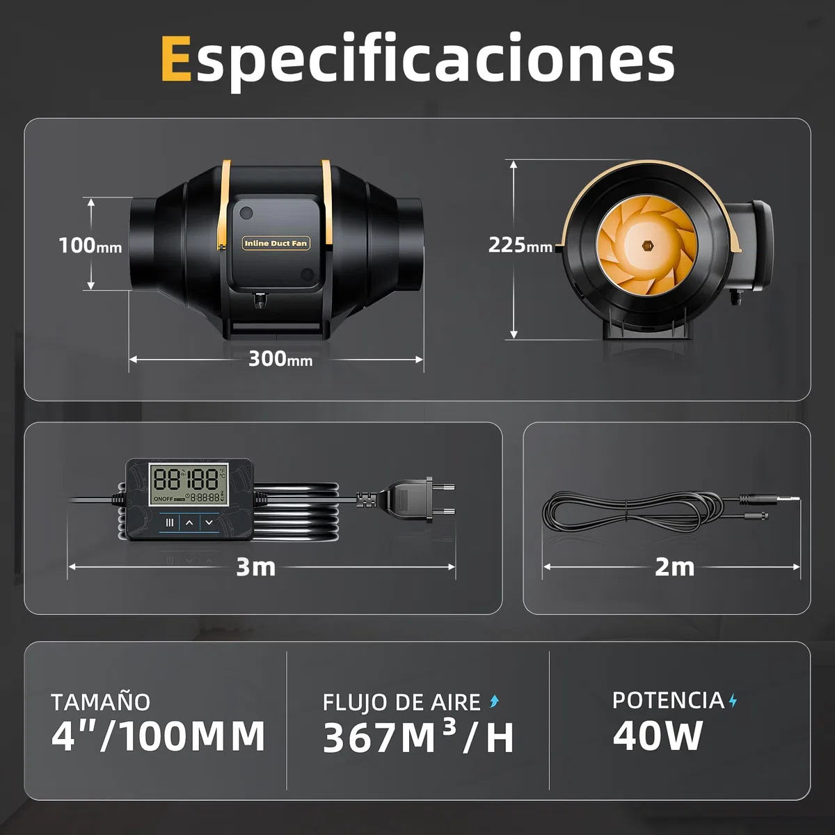 Inteligente Extractor de Aire 100mm, Temporizador, Regulador de Temperatura y Humedad, 367m³/h Extractor de Conducto en Línea, Equipos de Ventilación para Tienda de Cultivo