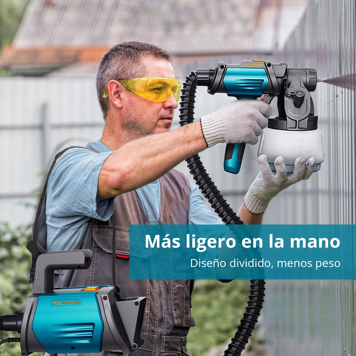 Tilswall Shark800 Pistola Pintura, Pulverizador de Pintura HVLP 800W, 4 Boquillas y 3 Patrones, Contenedor de Pintura con Recarga Lateral, 120 DIN-s Pistola de Pintura, para Vallas, Jardín y Muebles