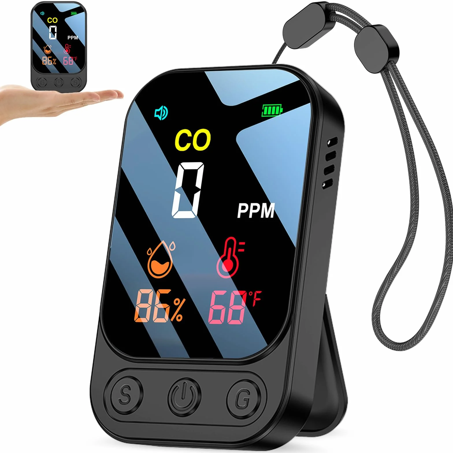 YOJOCK Detector de Monóxido de Carbono 3-en-1 Portátil para Casa y Viajes, 120 Horas de Standby, Detector CO Recargable, Alarma Acústica y Visual para Autocaravanas, Camping y Hoteles (Negro)