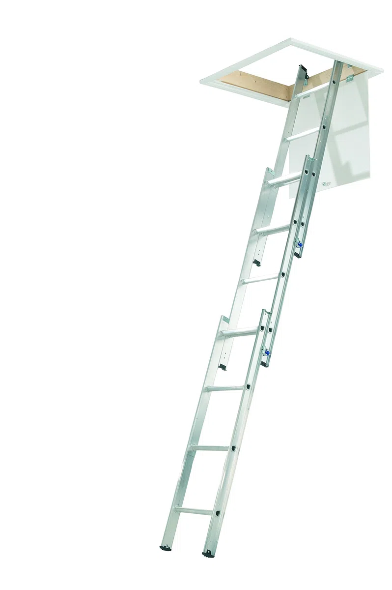Escalera compacta de 3 secciones, de Abru, 37000, de aluminio, para desván, peldaños cómodos incluidos150 kg capacidad de carga, certificado de seguridad EN14975.