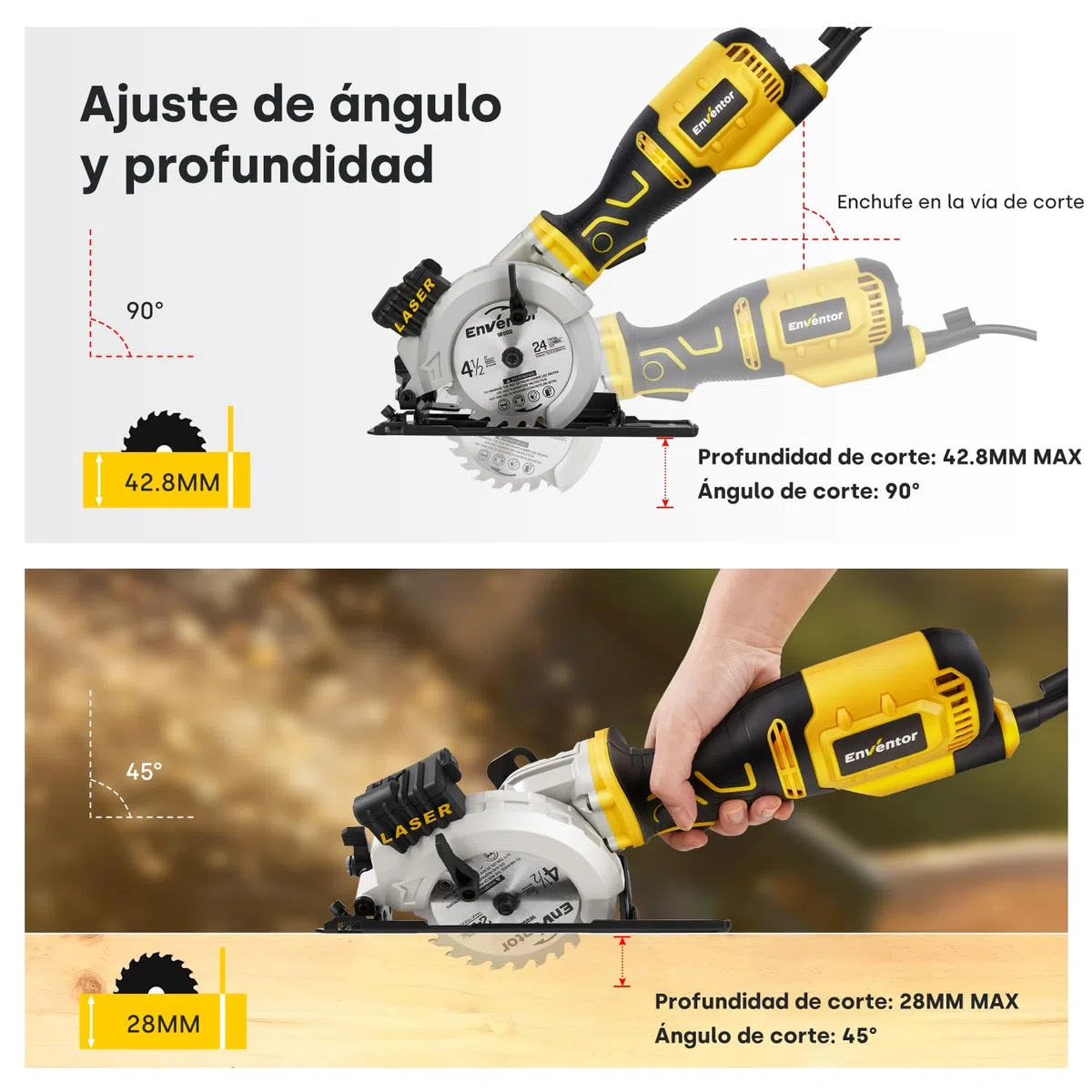 ENVENTOR Mini Sierra Circular 705W, Mini Sierra Circular de Mano 3500RPM, Guía Láser, 6 Hojas de Ø115mm, Corte: 42.8mm/90º, 28mm/45º, para Cortar Azulejo, Madera, Metal Blando