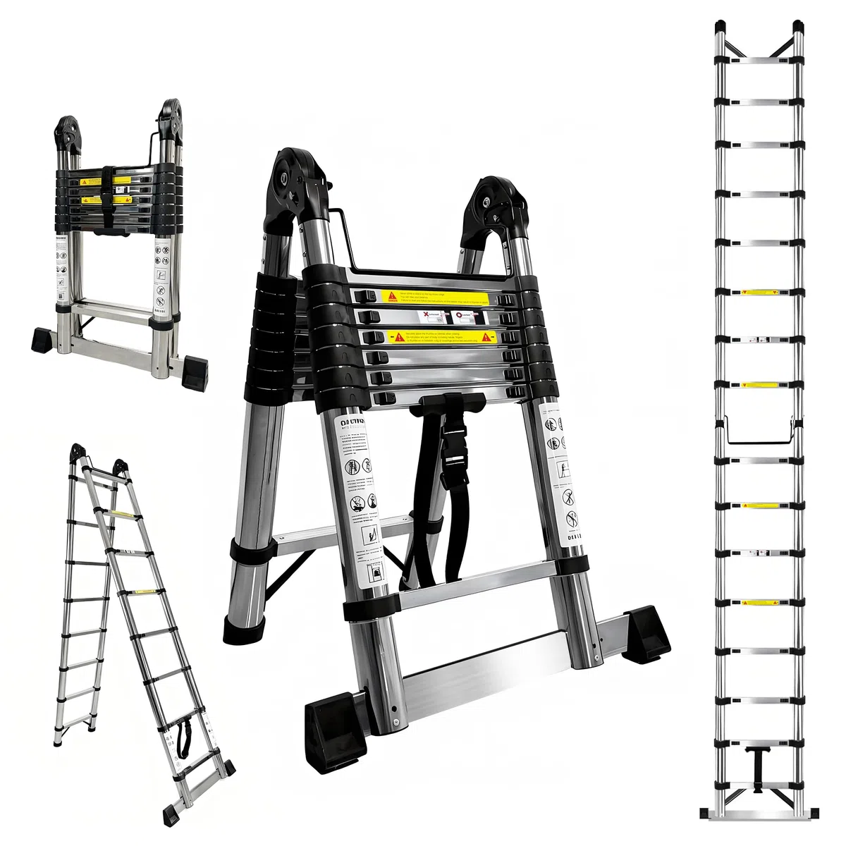 Brsheco Escalera telescópica plegable de acero inoxidable, 5 m (2,5 + 2,5 m), escalera extensible 2 en 1, con estabilizador, gran aplicación, escalera plegable, escalera de pie, 150 kg, color plateado