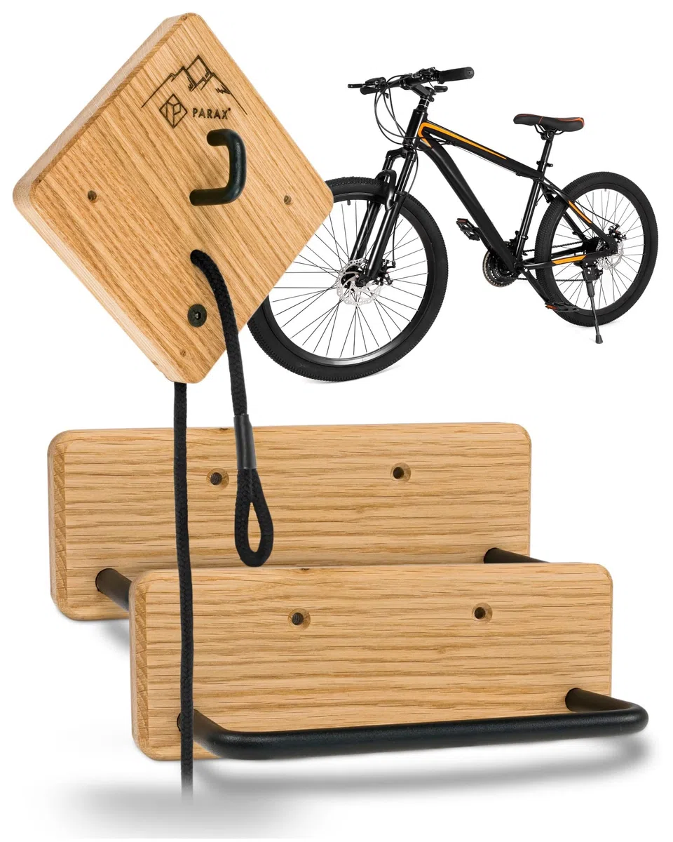 Soporte para bicicleta PARAX - Soporte de pared para bicicleta - Almacenamiento de bicicleta interior - para MTB, E-Bike, bicicleta de mujer, bicicleta de carretera, bicicleta gravel - hasta 35 kg - de madera