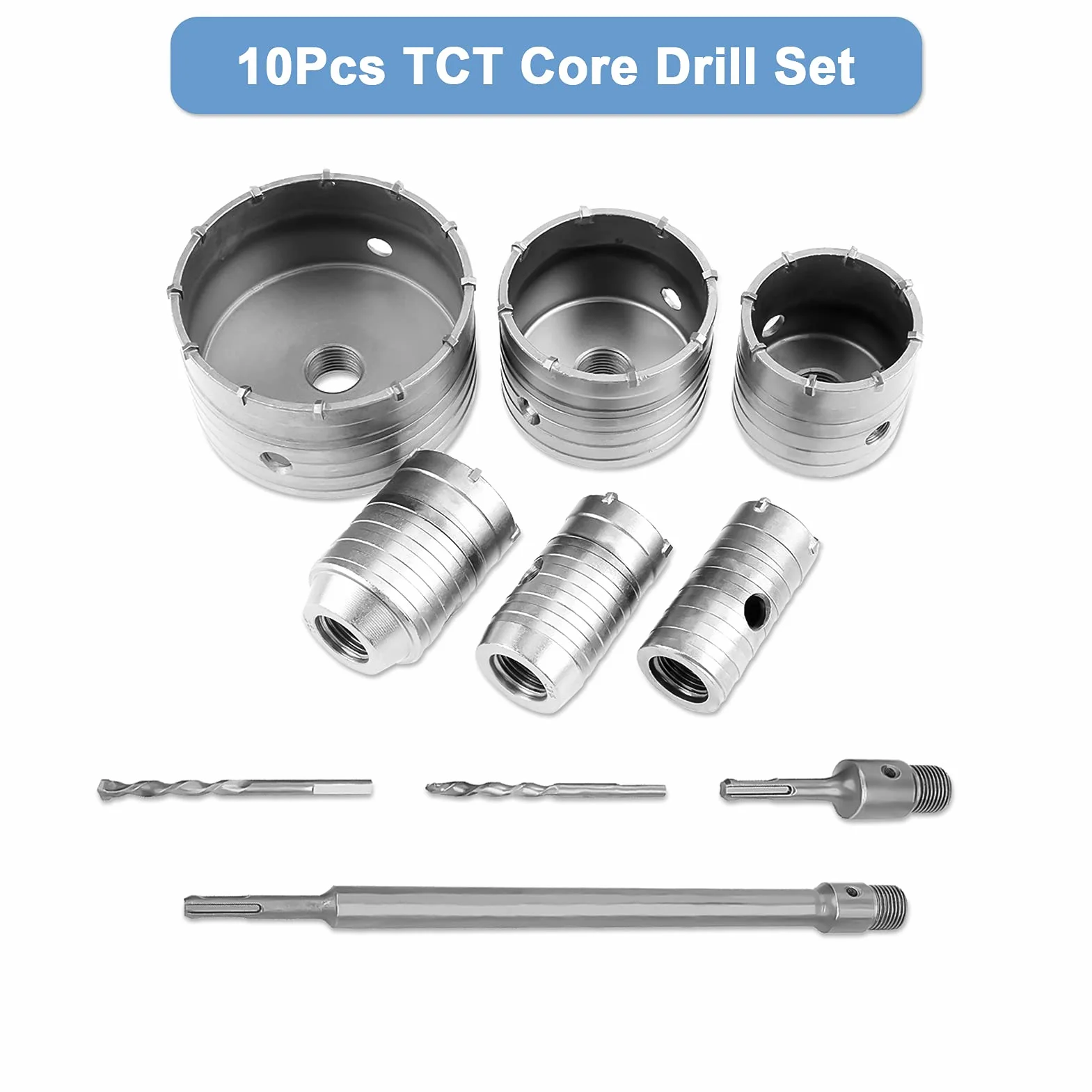 Juego de Brocas para Hormigón SDS Plus, 10 Piezas, TCT Tungsteno para Mampostería con Eje de Extensión