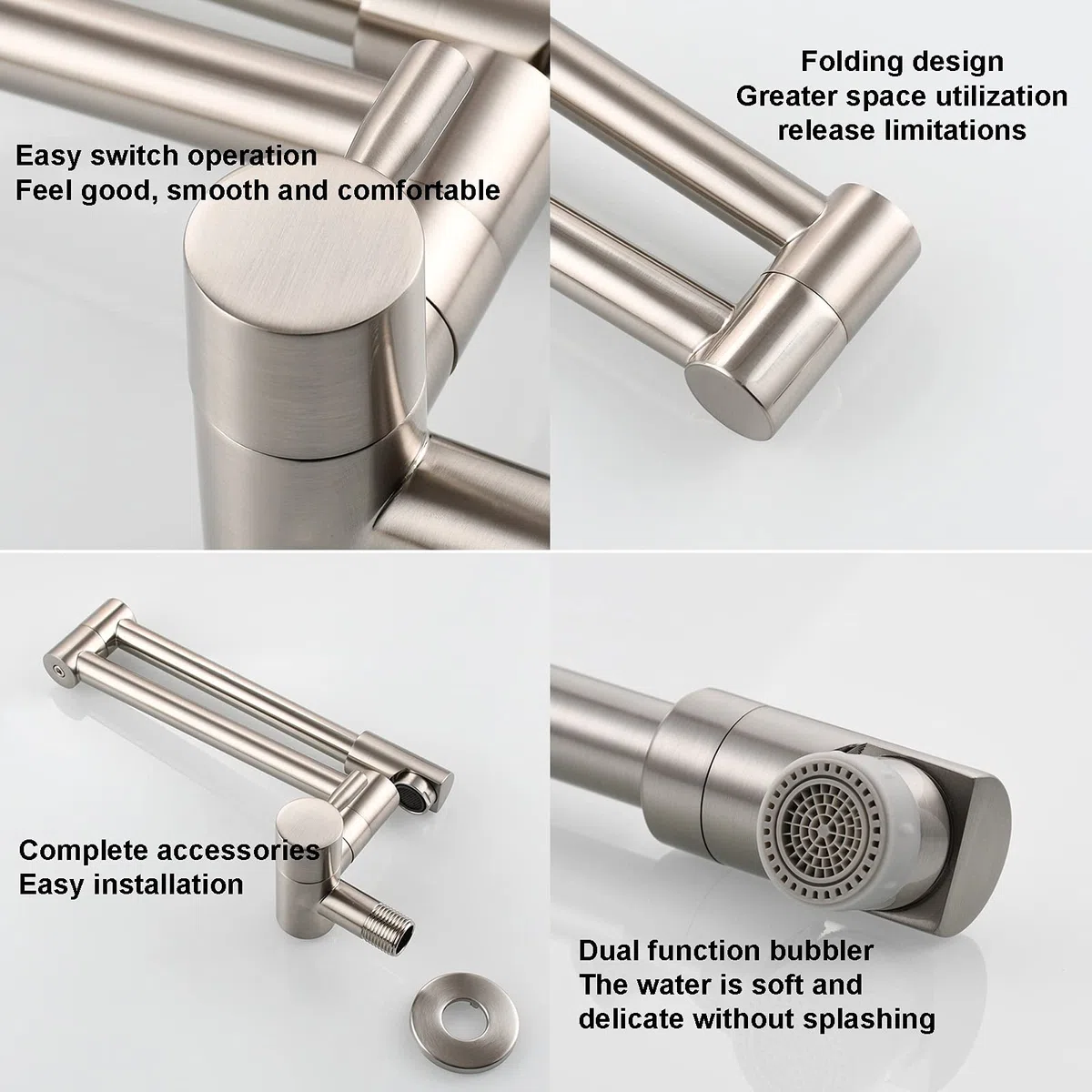 Grifo De Cocina, Latón Plegable Swing Spout Grifo De La Cocina Montaje En Pared Sola Manija Pot Filler Grifo, Grifo De Cocina Plegable Con Brazo Oscilante De Doble Articulación,Brushed