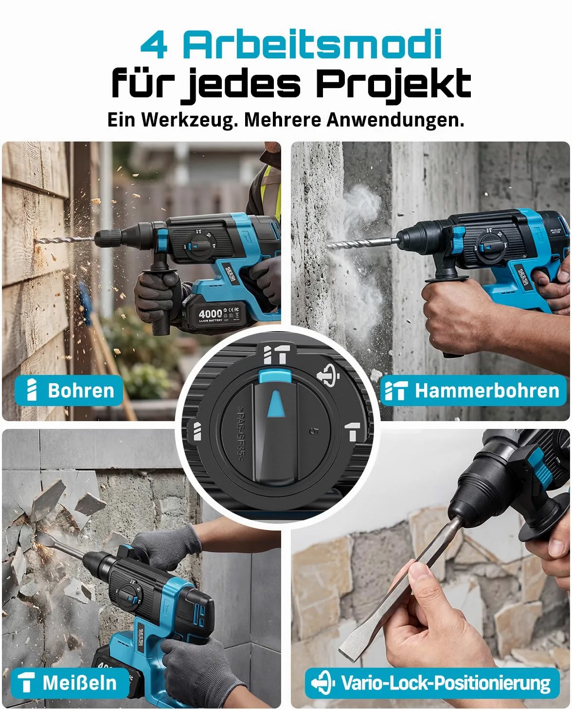 SEESII Martillo Perforador a Batería 18V, 2.8J SDS Plus, Motor Brushless, Taladro Percutor 4 en 1 con 2 Baterías 4.0Ah, para Hormigón y Renovación, con Brocas, Cinceles y Maletín