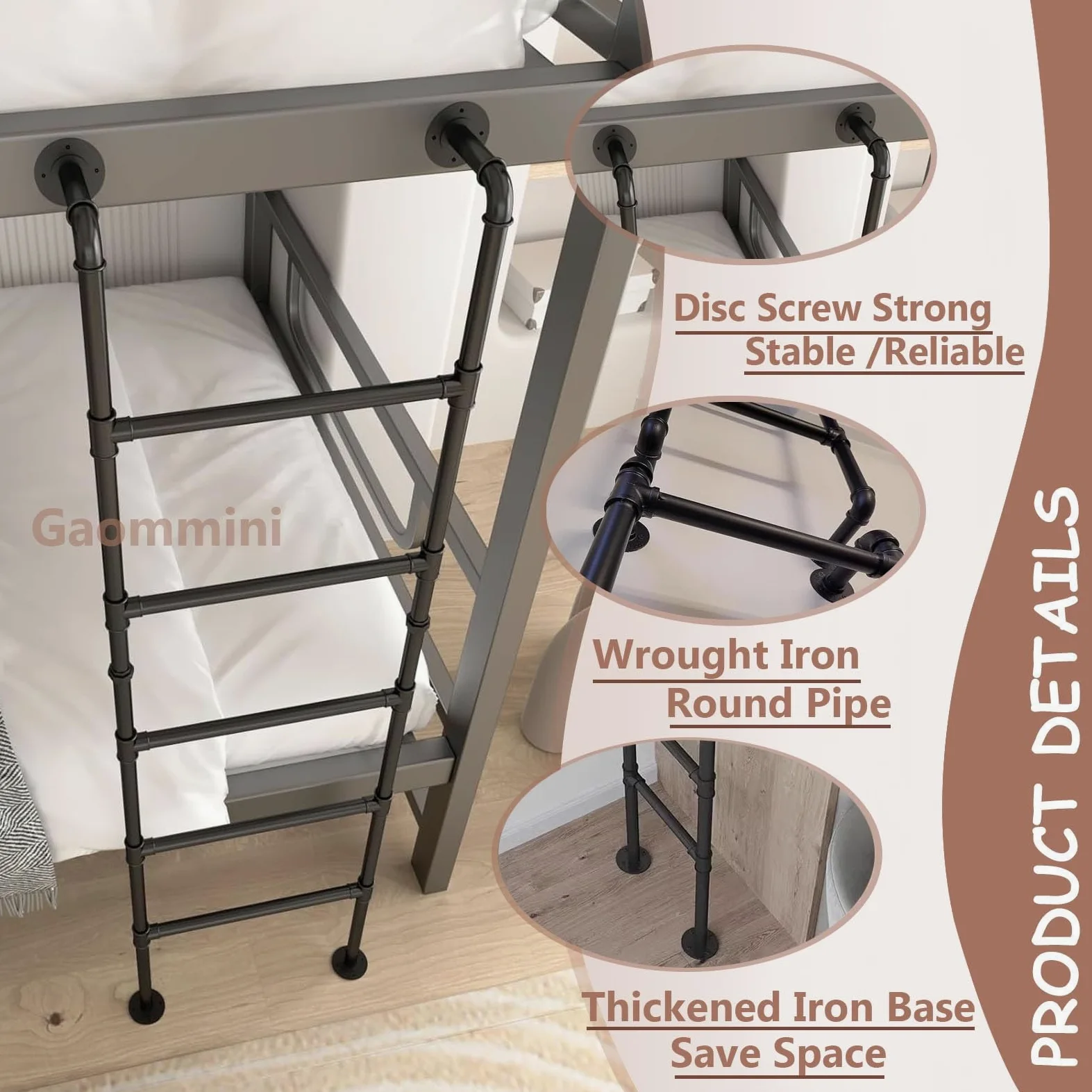 Escaleras de Pared para Interiores y Exteriores, Escalera Industrial de Hierro para literas, de 39, 49, 51, 55, 59 y 71 Pulgadas, Escalera de Salida de sótanos, de Metal Negro(130cm/51in)