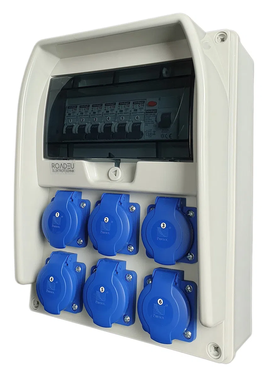 RoadEu - Distribuidor de Corriente Eléctrica. Caja cuadro electrico 6x 230V, con interruptor magnetotérmico diferencial de 25A y interruptor automático C16A. Ideal para Taller, Cobertizo y Fábricas