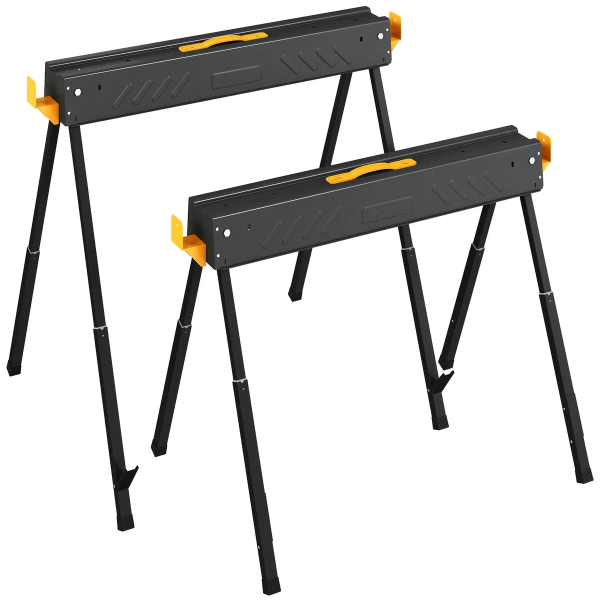 HOMCOM Set de 2 Caballetes para Sierra Plegables, Banco de Trabajo, Altura Ajustable, para Madera 2x4, con Asa, Ganchos, Base Antideslizante, para Carpintería y Bricolaje, Soporta hasta 500 kg, Negro