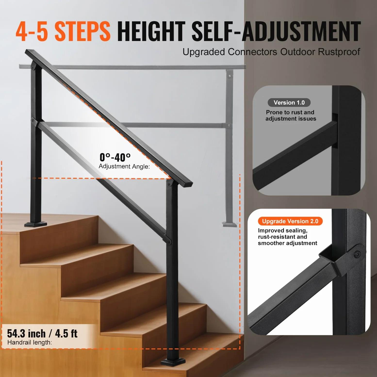 VEVOR Pasamanos de Exterior para Escalera Kit de Barandilla para 4 a 5 Escalones Tubo Cuadrado con Barra Horizontal Rieles de Soporte de Acero al Carbono para Escaleras de Hormigón, Terraza, Negro
