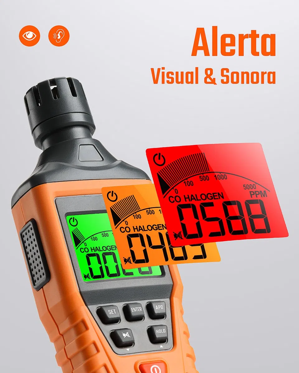 Detector de Monóxido de Carbono TopTes CT-300, Detector de CO con Alarma Visual y Sonora, 0-5000PPM, Alarma de CO, Pantalla LCD para Hogar, Coche, Camping y Viajes (Incluye 3 Pilas) - Naranja