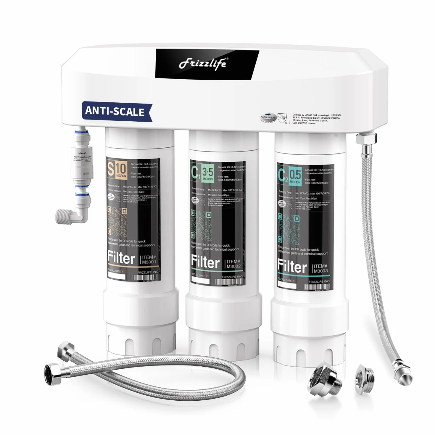 Frizzlife Sistema de filtración de agua bajo fregadero, certificado NSF/ANSI 53, 42 y 372, filtración de 0,5 micras en 8 capas, reduce cloramina, PFOA/PFOS, plomo, cloro, mal sabor y olor, SK99