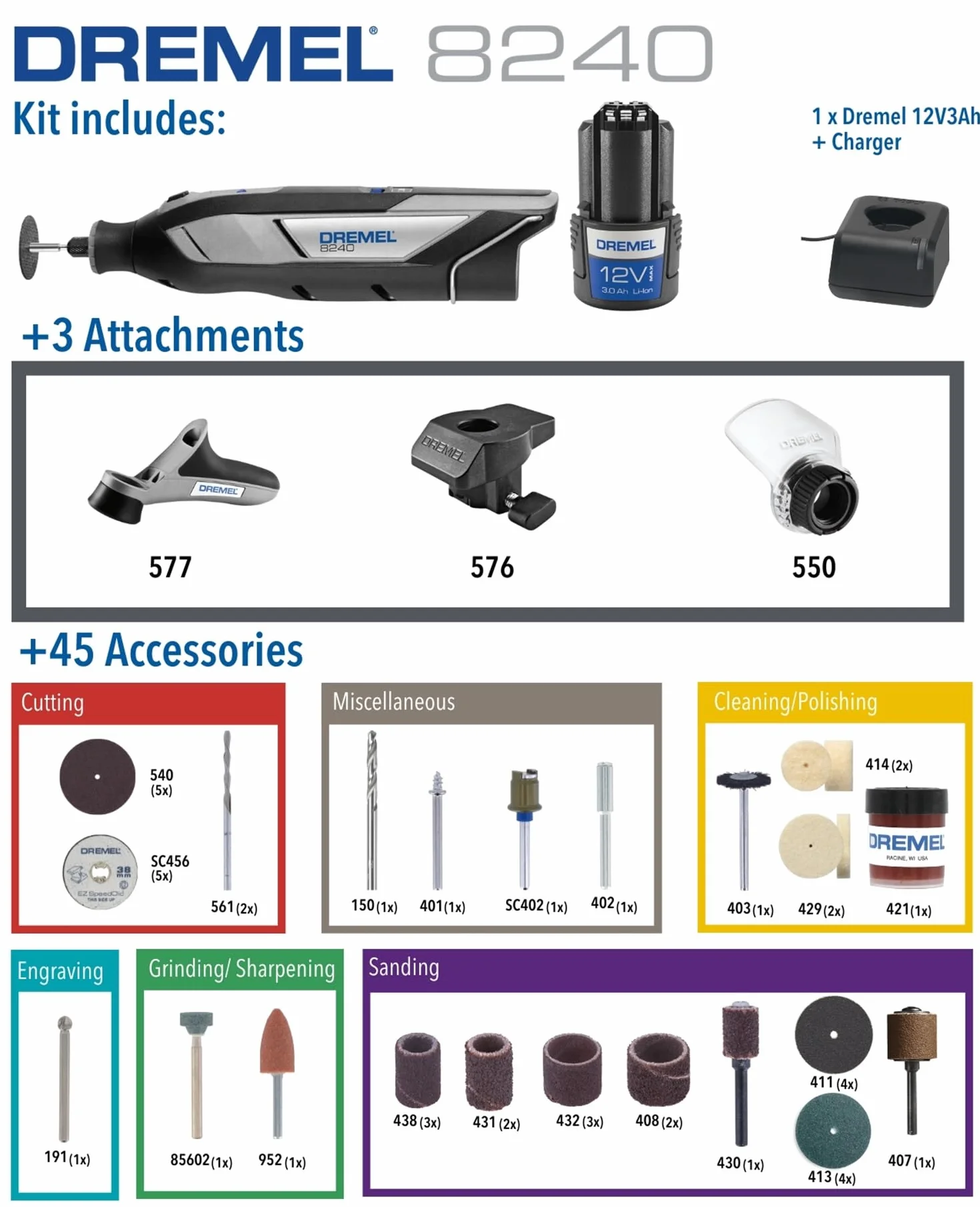 Dremel 8240 - Multiherramienta sin cable con batería de litio de 12 V 2Ah, kit de 3 complementos y 45 accesorios, Velocidad variable 5000-35 000 rpm y carga rápida