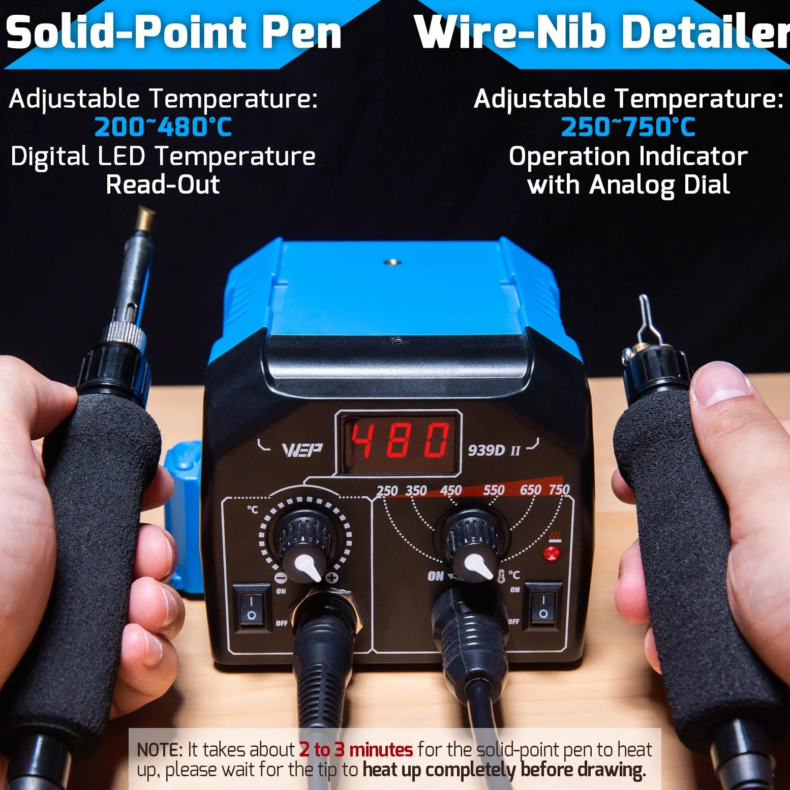 WEP 939D-II Kit pirograbador de madera 2 en 1, 86 en 1 con 51 puntas sólidas 23 de alambre 2 plantillas 2 maderas sin tratar soporte Kit de pirograbado ideal para pirografo y pyrography (enchufe UE)
