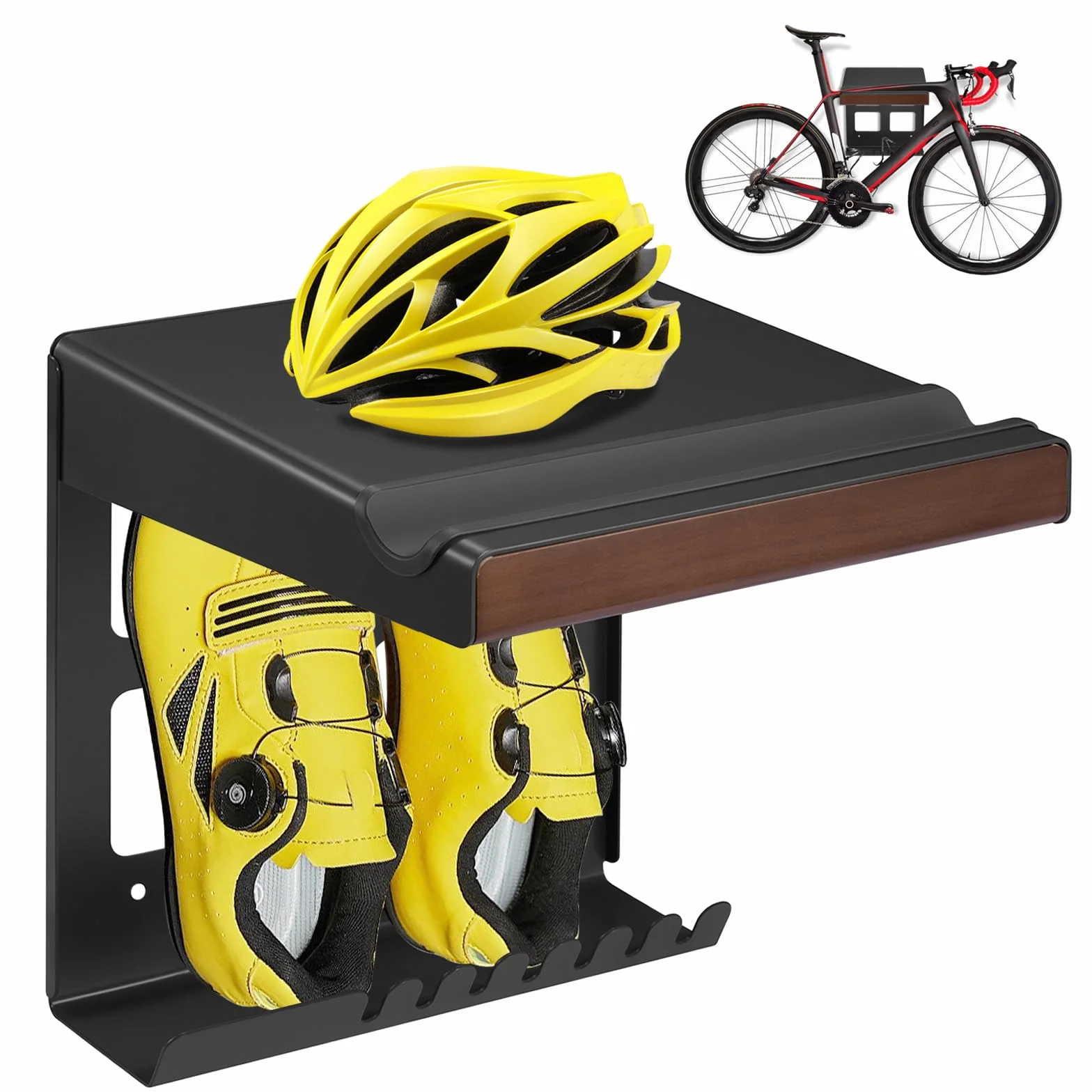 Mimoke Soporte de pared para bicicleta, soporte para garaje e interior, con estante y ganchos, diseño resistente con acolchado protector, ahorro de espacio