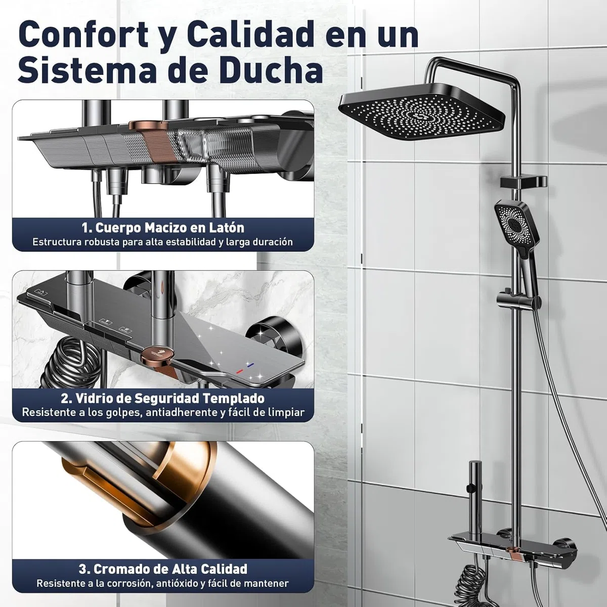 Columna Ducha con Grifo, Panel Control Piano 4 Modos y Altura Ajustable, Cabezal de Ducha XL estilo Lluvia, Ducha de Mano, Rociador auxiliar y Grifo Cascada, Grifo Ducha Termostatico Bañera