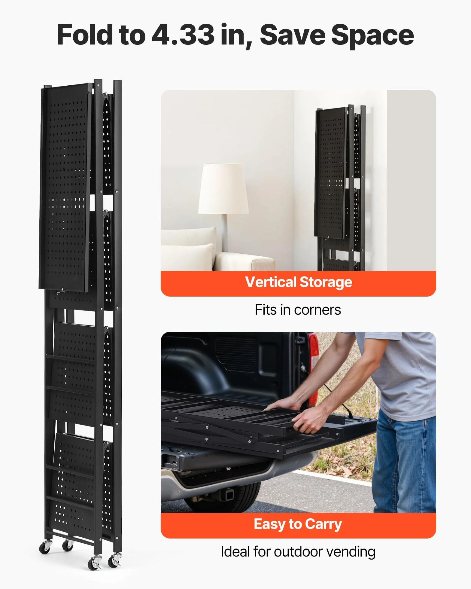 VEVOR Estante de Almacenamiento Plegable de 4 Niveles con Ruedas 71 x 33 x 137 cm Estantería Metálica Móvil Resistente, sin Necesidad de Ensamblaje, Organizador para Garaje, Cocina, Sótano, Negro
