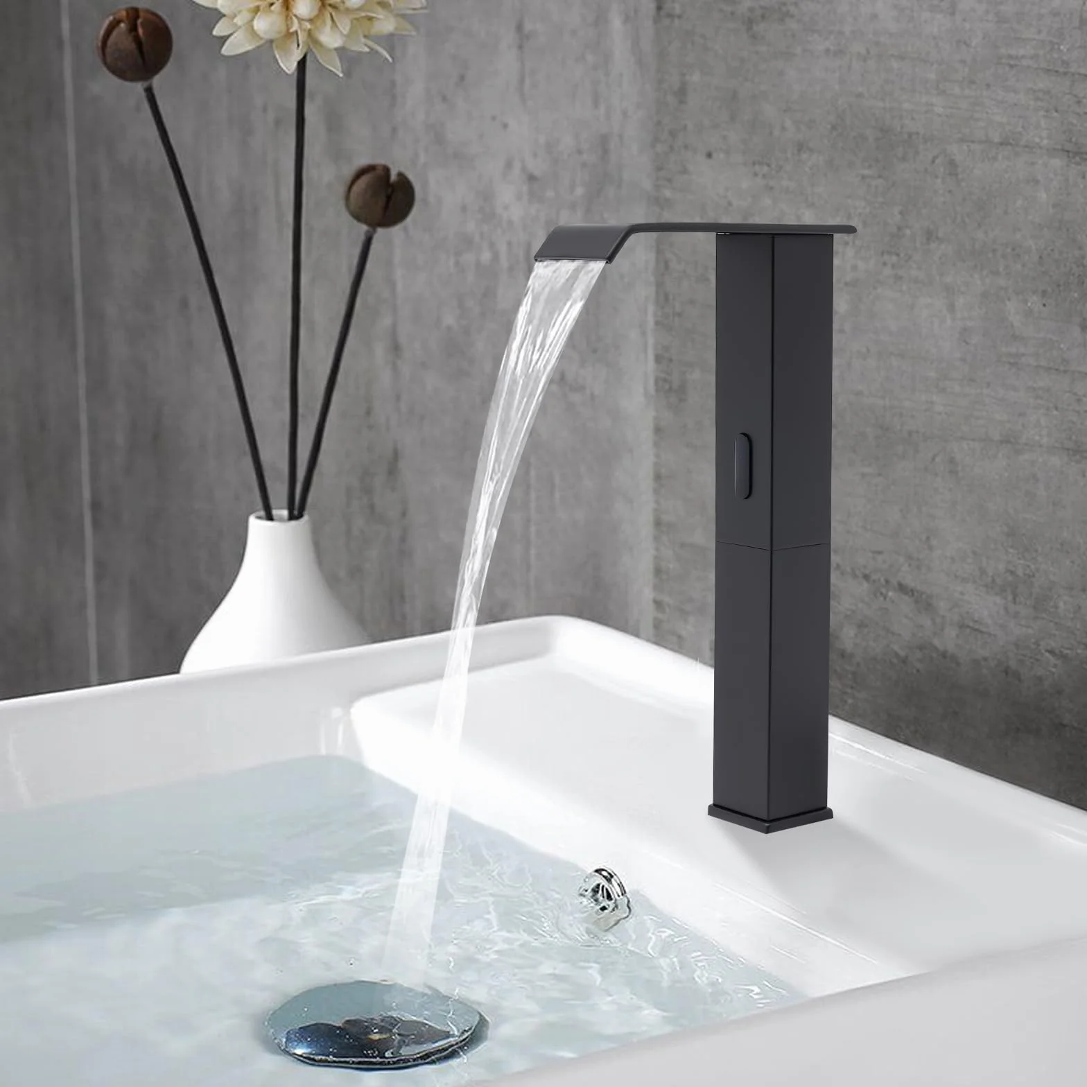 Grifo sensor automático negro, mezclador infrarrojo, caño alto cascada 27cm, latón resistente ahorro agua, válvula cerámica instalación fácil, para cocina cuarto de baño restaurante hotel