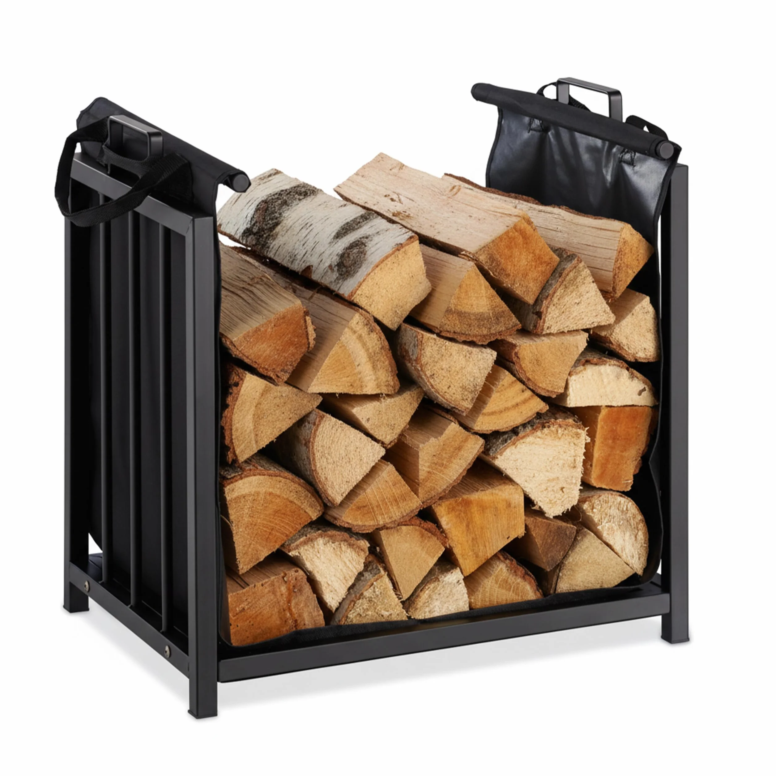 Relaxdays Leñero Interior con Bolsa, Diseño Moderno, Metálico, Chimenea, Almacenaje Leña, Acero, 50 x 51 x 37 cm, Negro