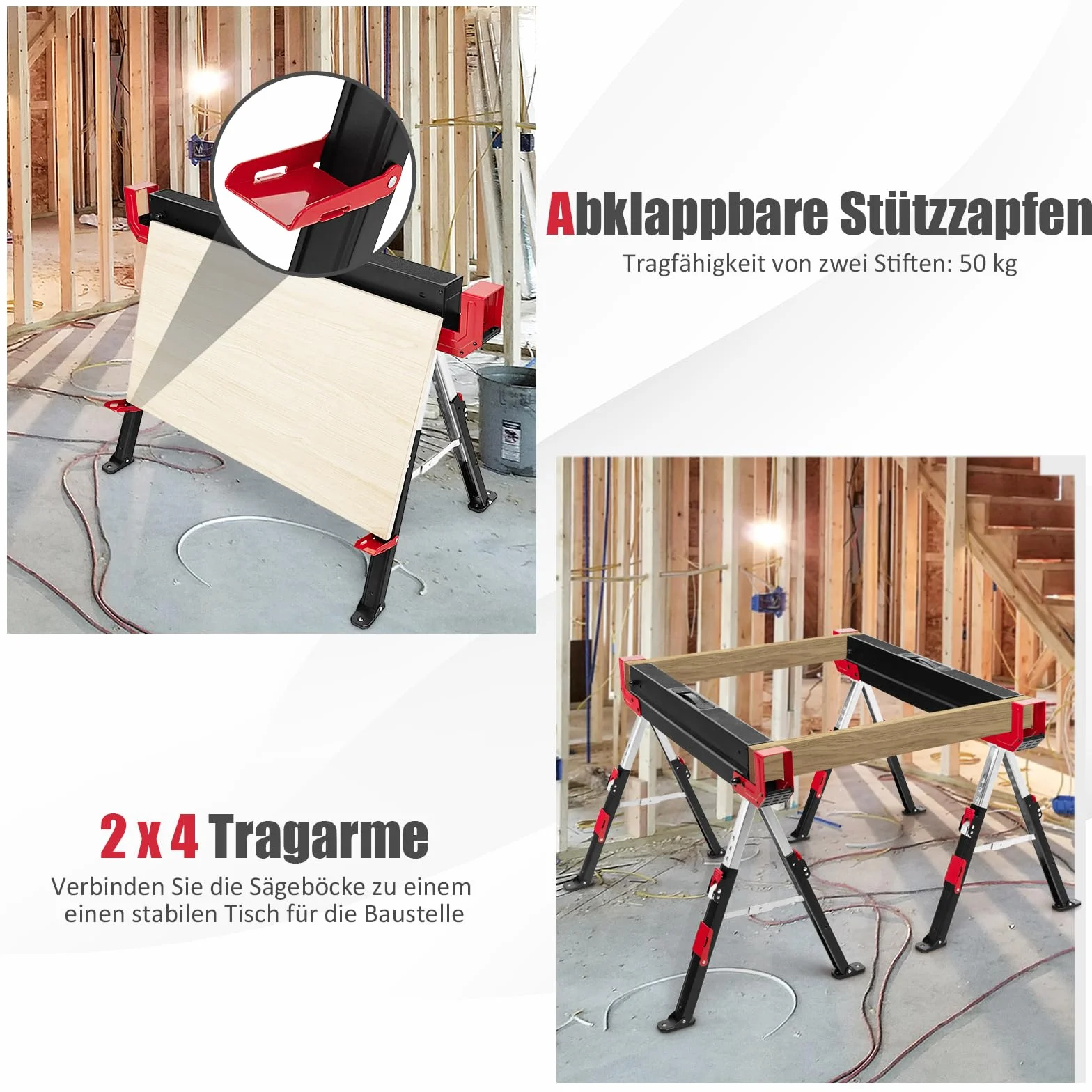 GOPLUS Juego de 2 caballetes portátiles de acero con 9 niveles de ajuste de altura, asas de transporte, parte superior de PVC antideslizante, juego de caballete de trabajo soporta hasta 1180 kg
