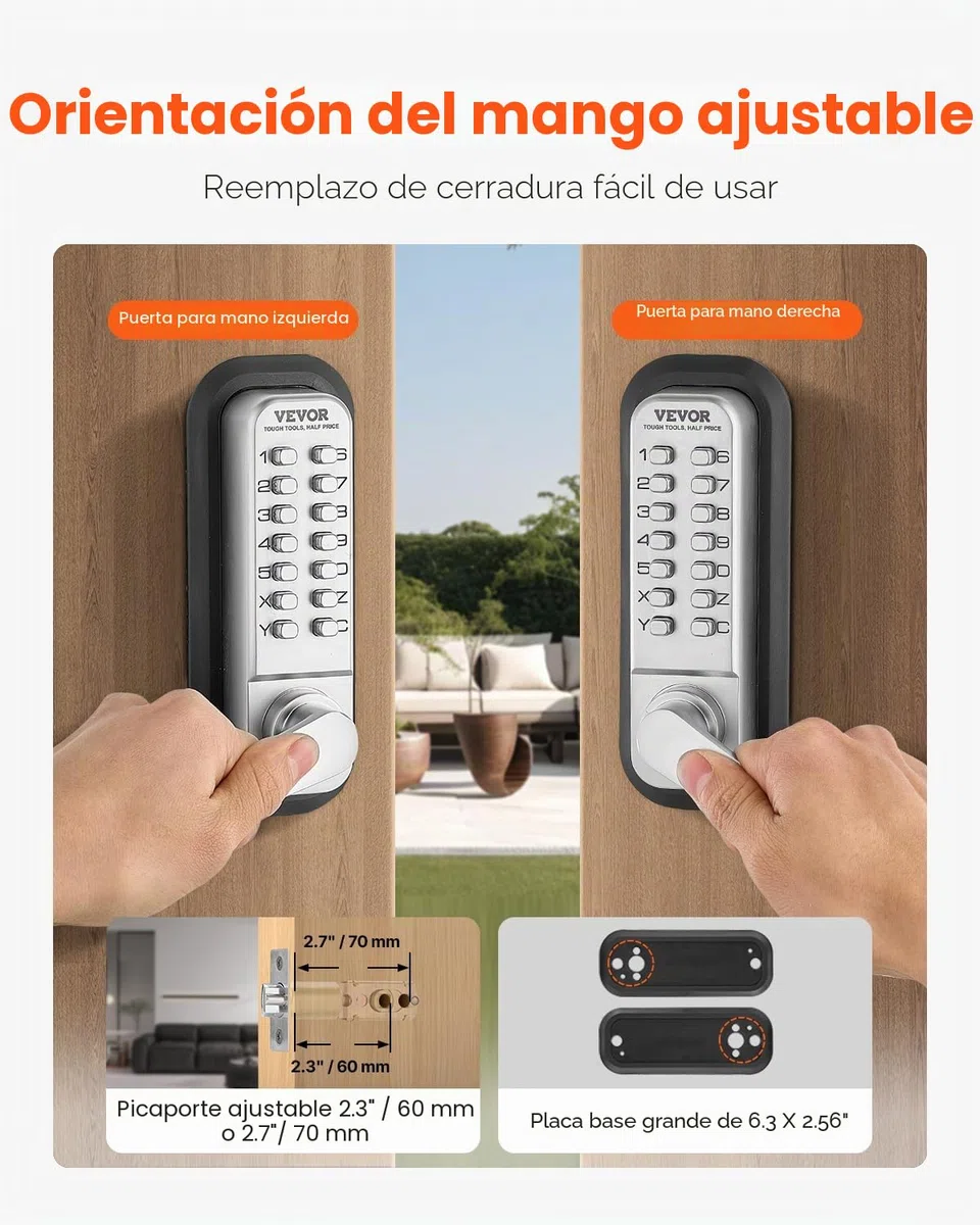 VEVOR Cerradura de Combinación Mecánica con Teclado de Una Cara 14 Teclas, Cerradura de Puerta sin Llave con Manija Adecuado para Puertas de 35 a 65 mm de Grosor para Oficina, Patio, Plateado