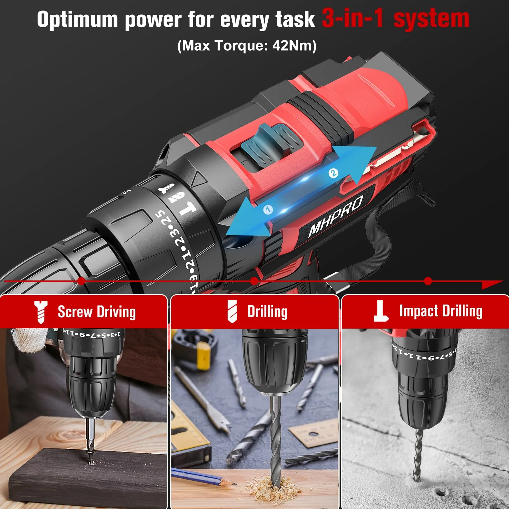 MHPRO Taladro Percutor a Bateria 21V, Taladro Atornillador Bateria con 2 Baterías 2000mAh, 42Nm, 25+3 Ajuste de Par Destornillador Electrico, 30 Accesorios, 2 Velocidad, LED Luz Para Hogar, Bricolaje
