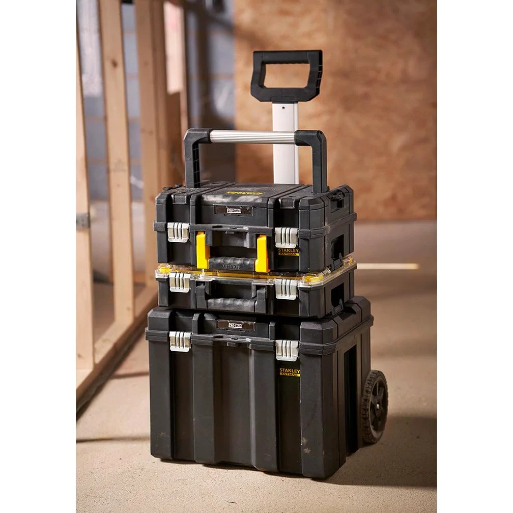 STANLEY FATMAX Conjunto Pro-Stack 3 Piezas, Maleta con Asa de Aluminio, Organizador Transparente, Base con Ruedas, Almacenaje Móvil, Negro, 51.2x70.8x43.5 cm, FMST1-80103