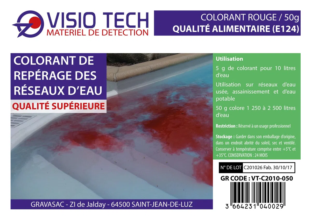 VISIO TECH – Colorante de localización rojo en polvo 50 g – Soluble en agua – Rastreo de redes de agua, Búsqueda & Controles de sellado – Alta visibilidad