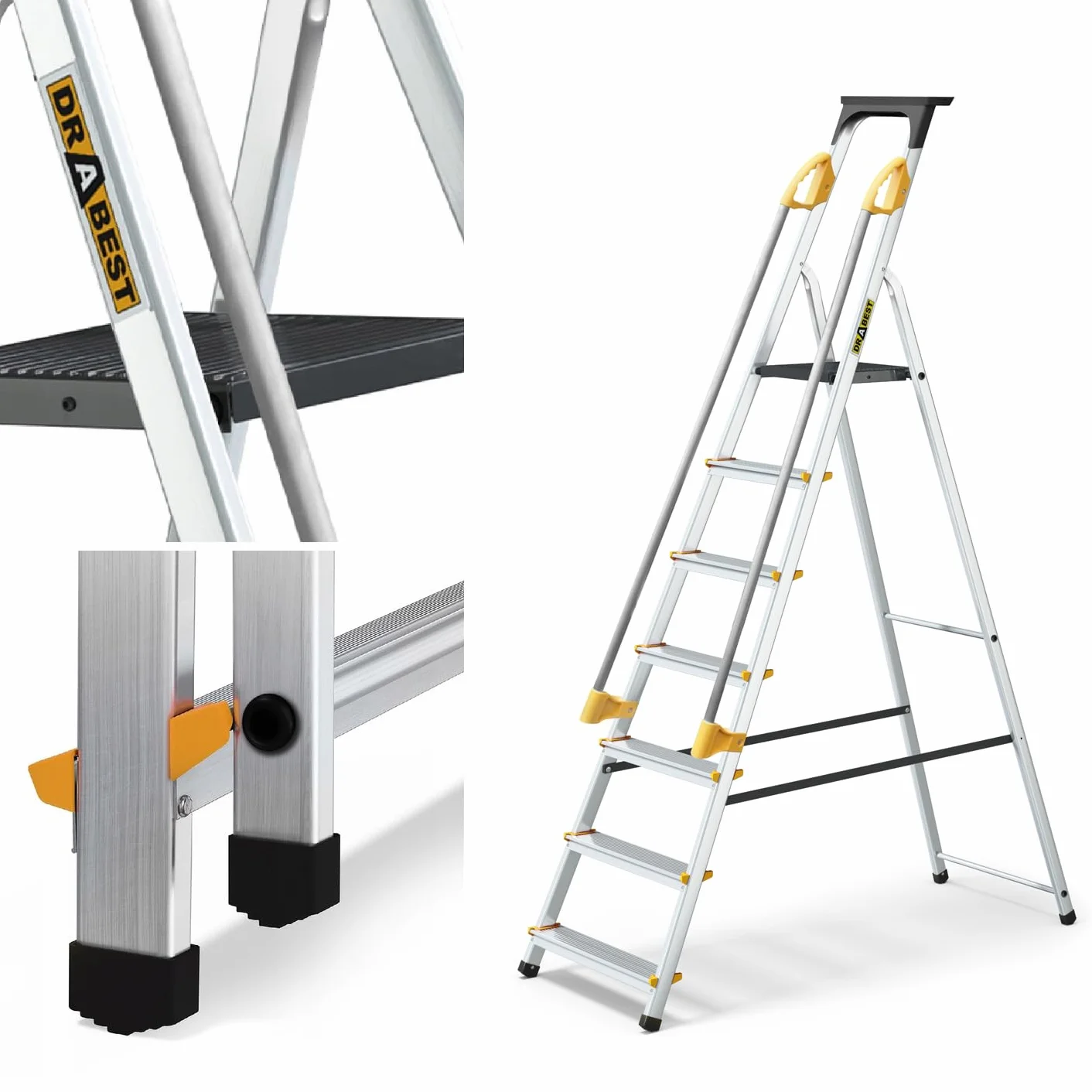 DRABEST Escalera serie PRO escalera de aluminio 7 peldaños peldaño plegable con pasamanos de seguridad Escalera de tijera cargable hasta 150 kg